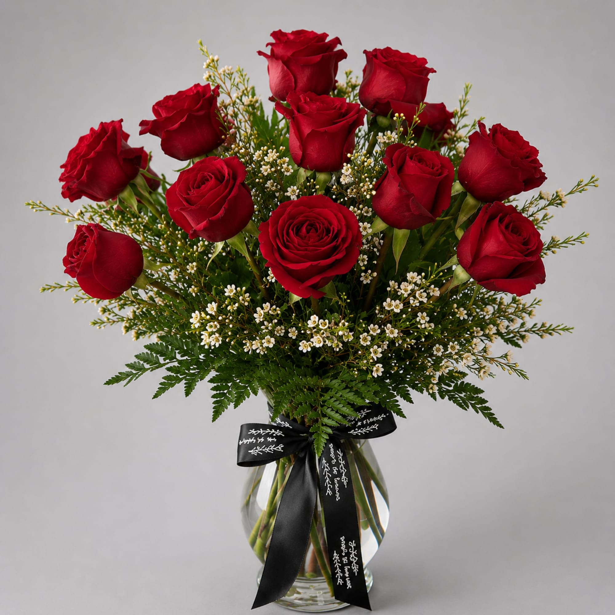 Red roses arranged in a clear glass vase with a black ribbon