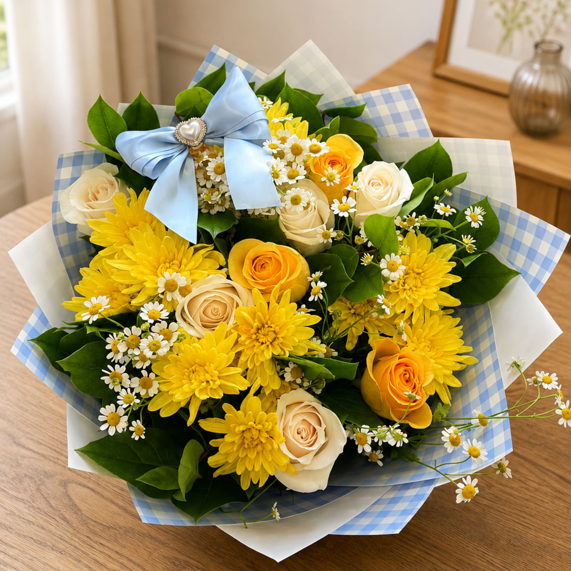 Bouquet of yellow and cream roses with small white daisies and a blue ribbon