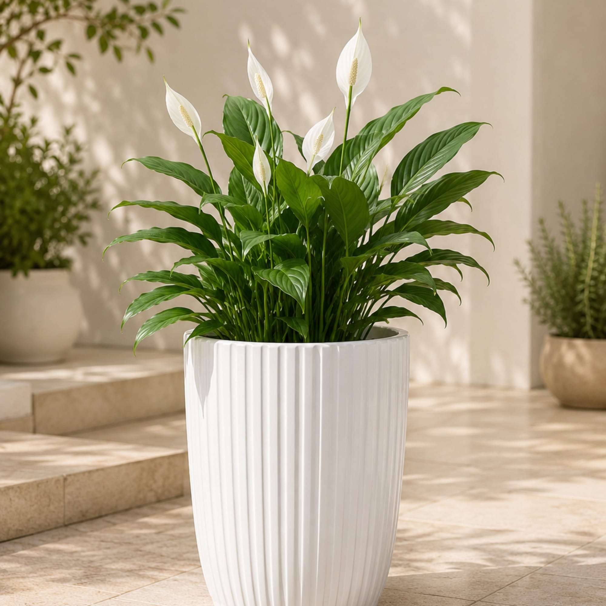 White peace lilies in a ribbed white planter