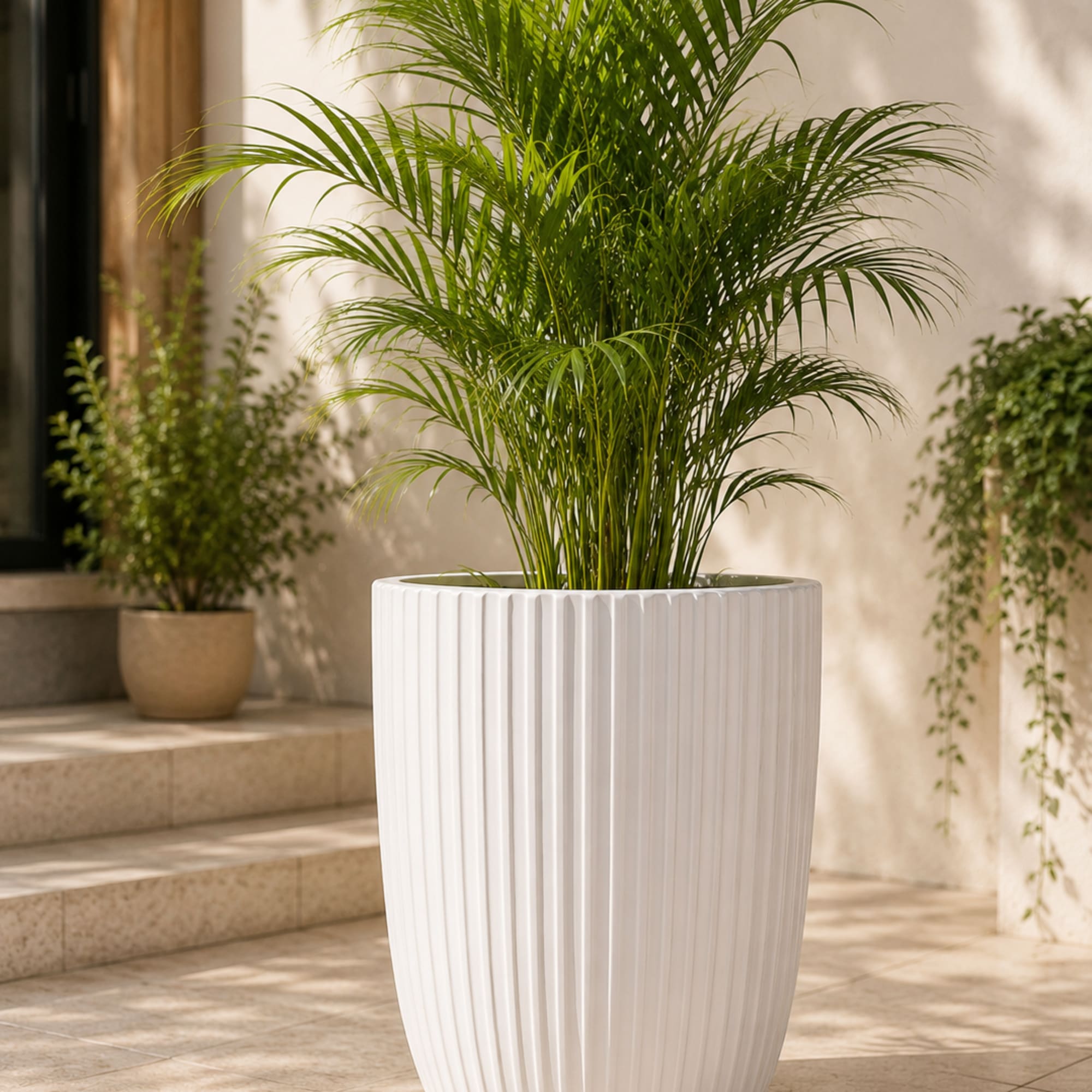 Tall potted palm plant in a white ribbed planter