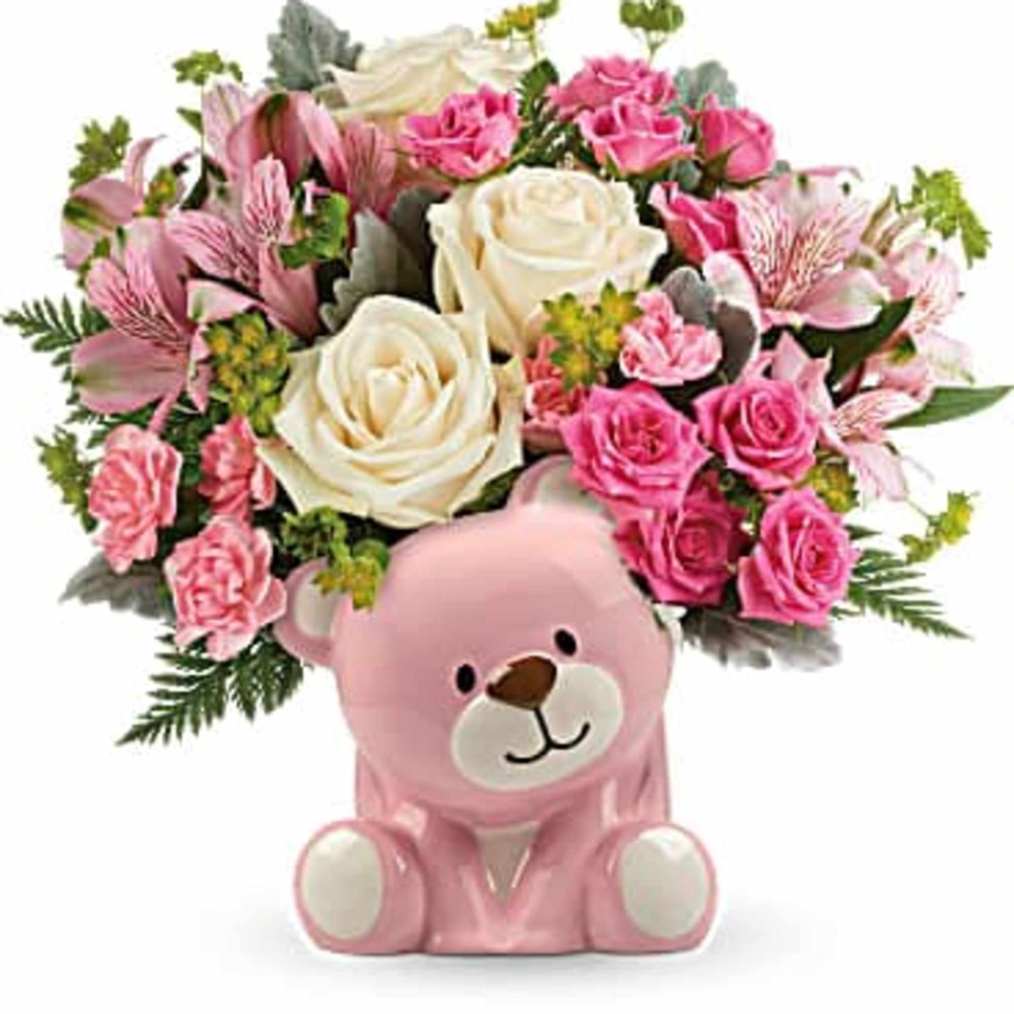 Pink and white flower arrangement in a pink teddy bear container