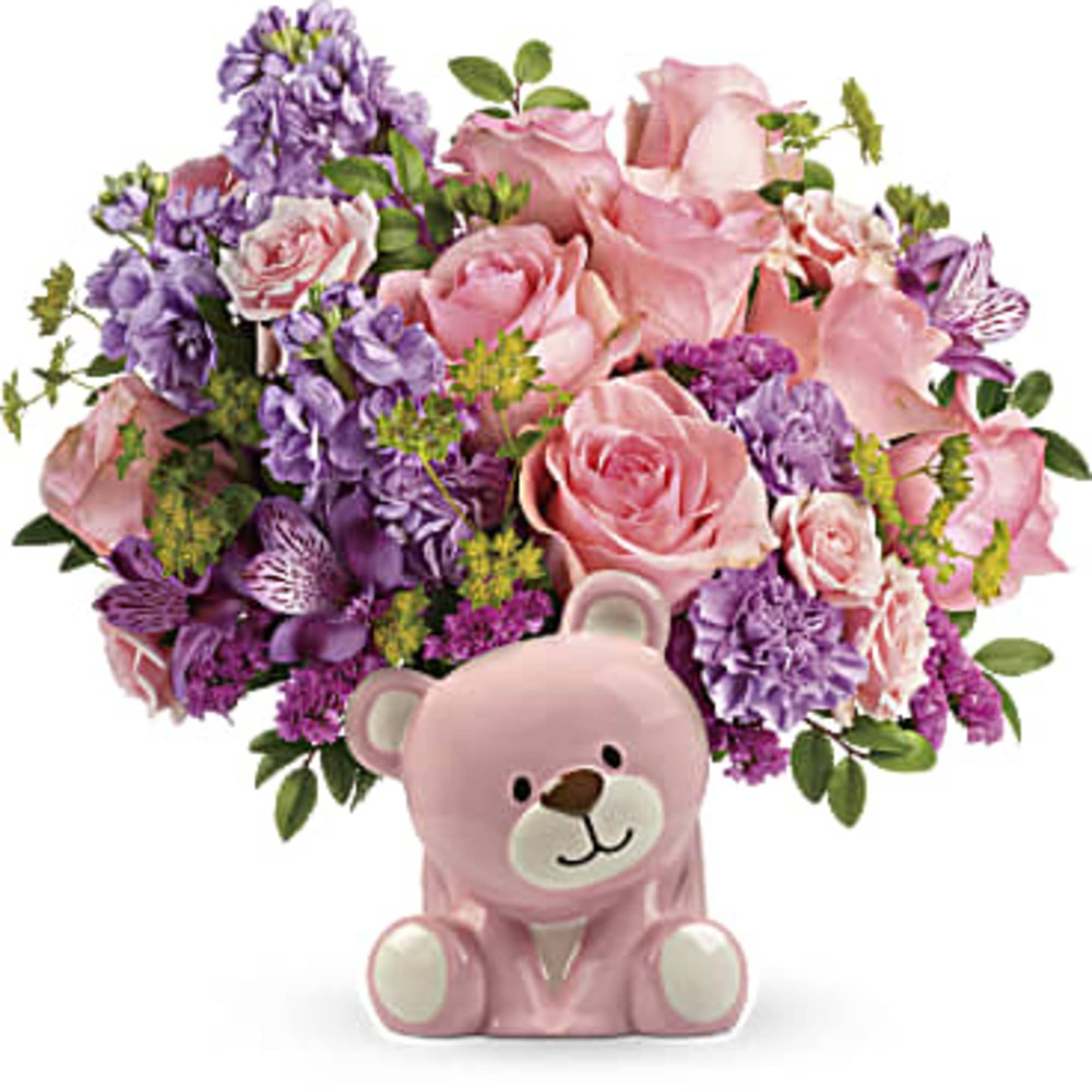 Congratulate the new parents with this sweet bouquet of pink roses and