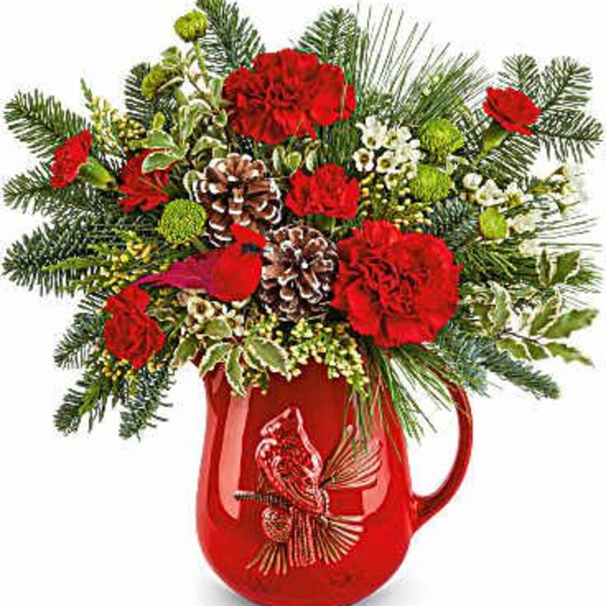  Festive Flight Bouquet spreads holiday cheer with red blooms, winter greens