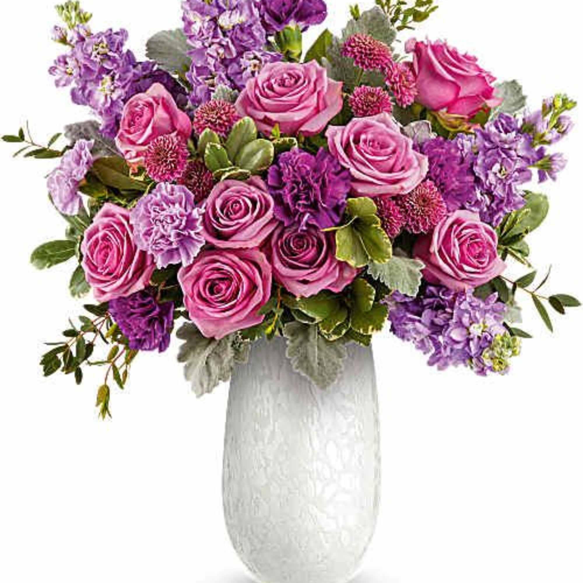 Pink and purple rose bouquet in a white vase
