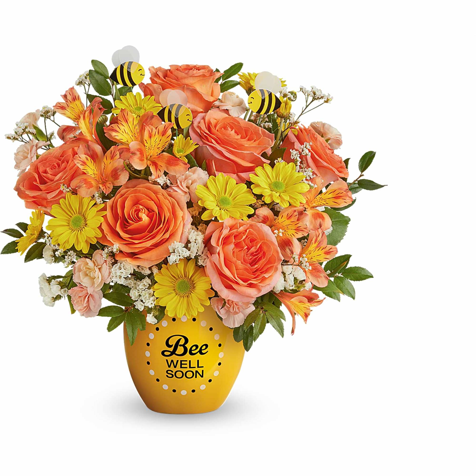 Orange roses and yellow daisies in a bee-themed vase