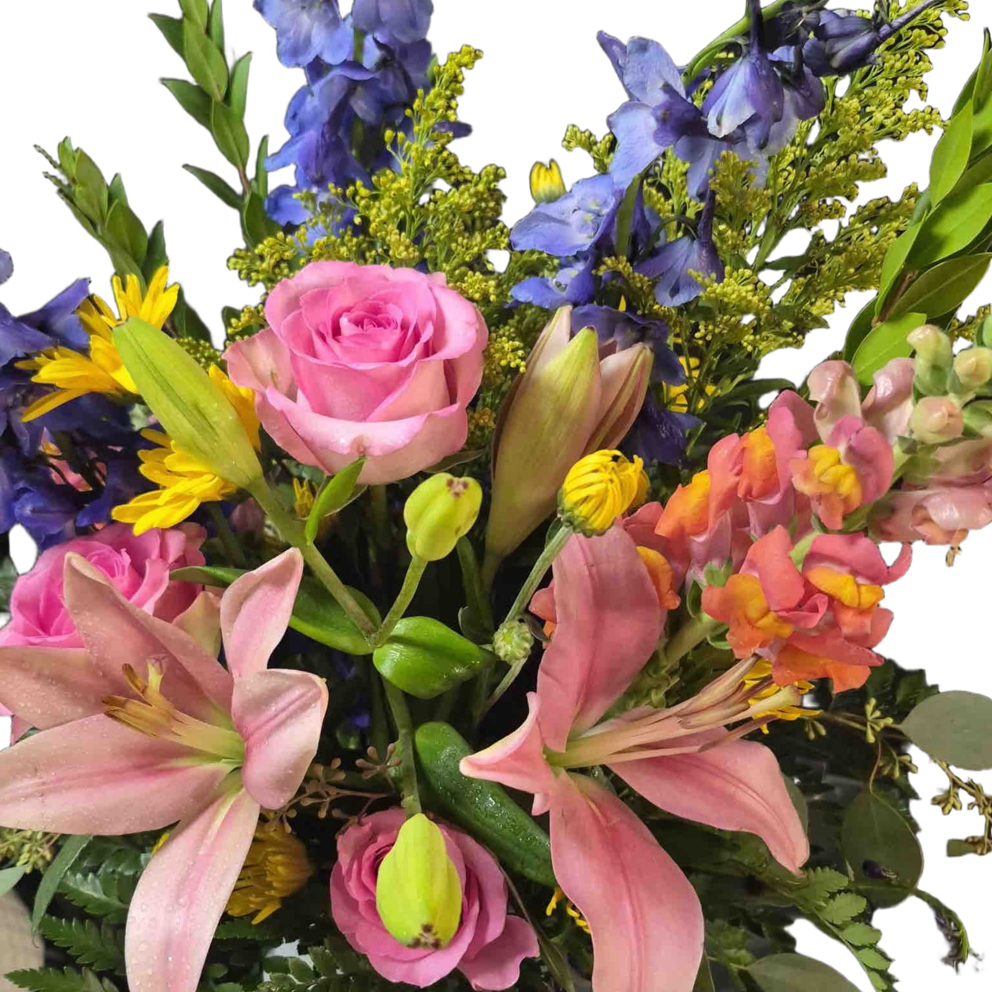 Beautiful mix of pink lilies and roses, orange snapdragons, blue delphinium, and