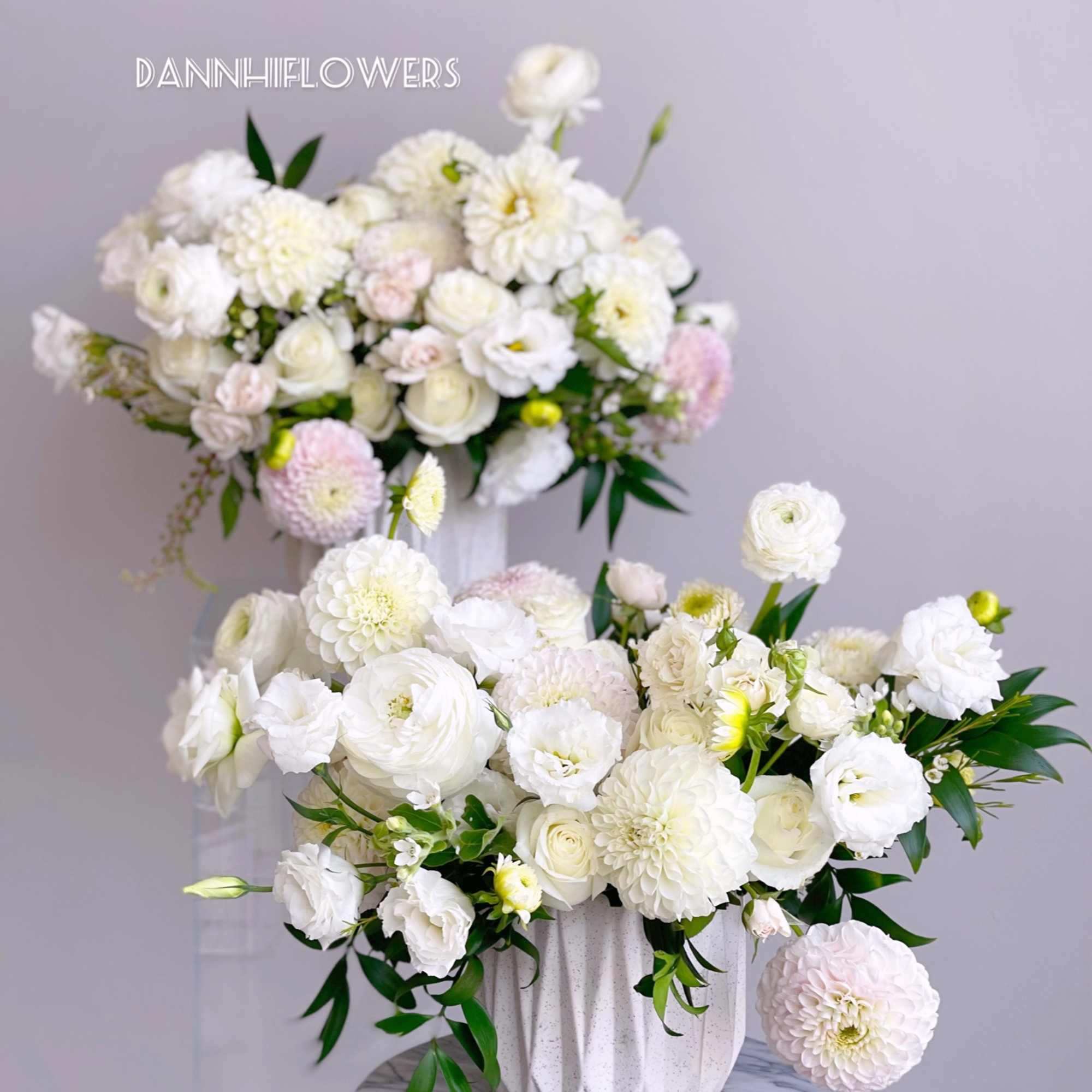 A seasonal mix of white dahlias and white roses, lisianthus in a, photo 2 of 2