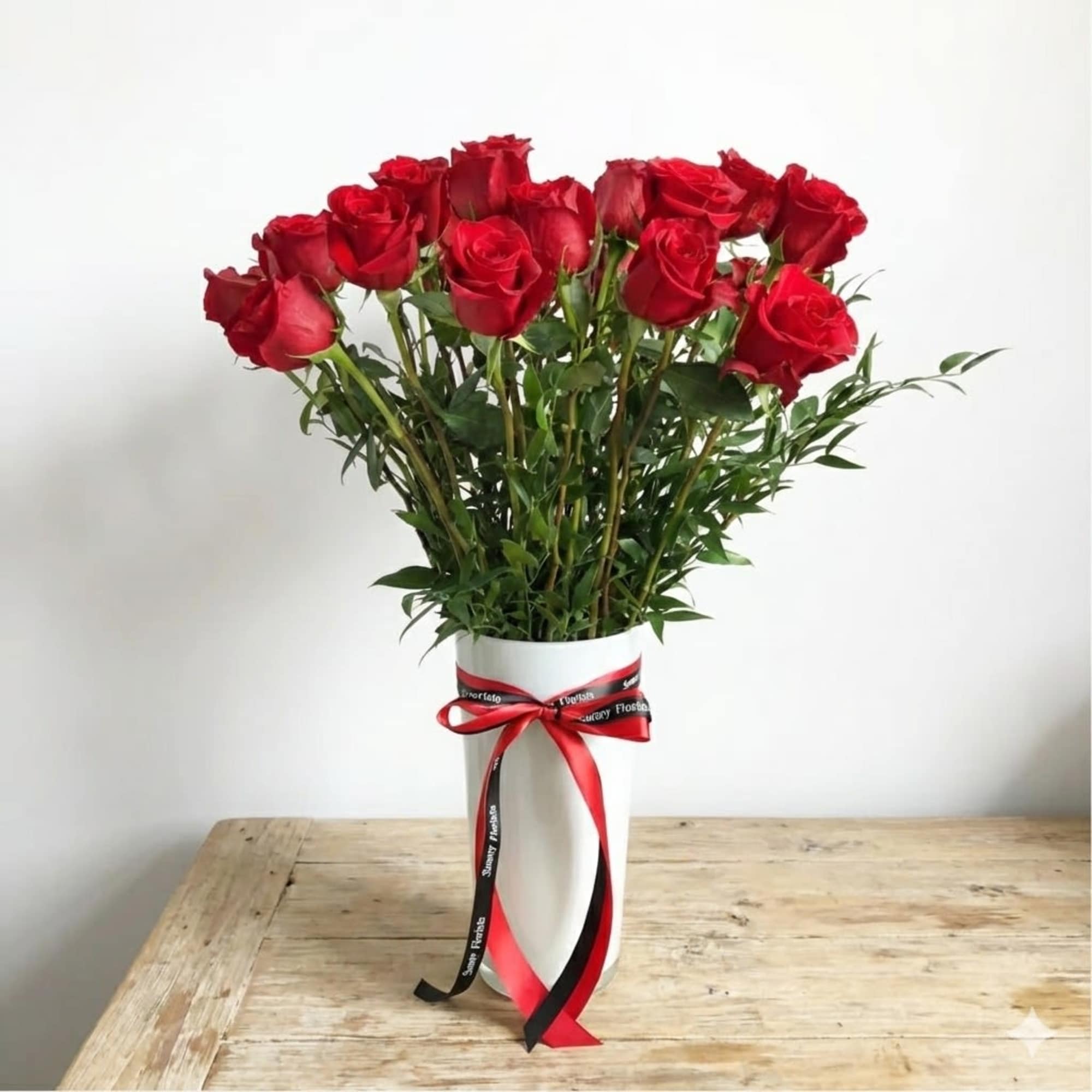 This classy dozen rose arrangement is presented in a 11" tall glass