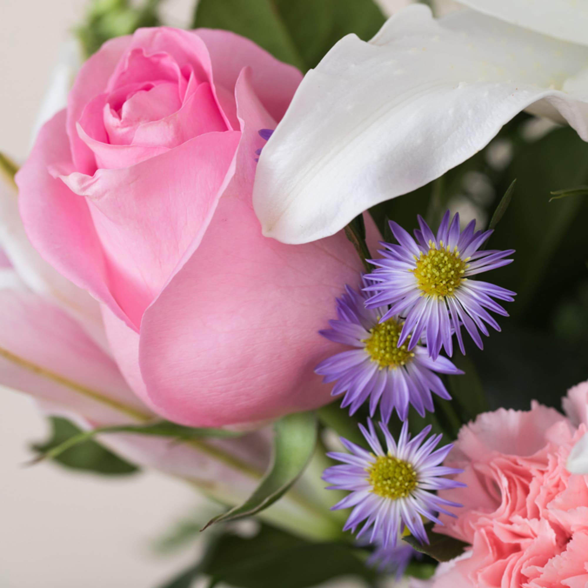 Close-up of a pink rose with white lily, lavender asters, and a pink carnation.