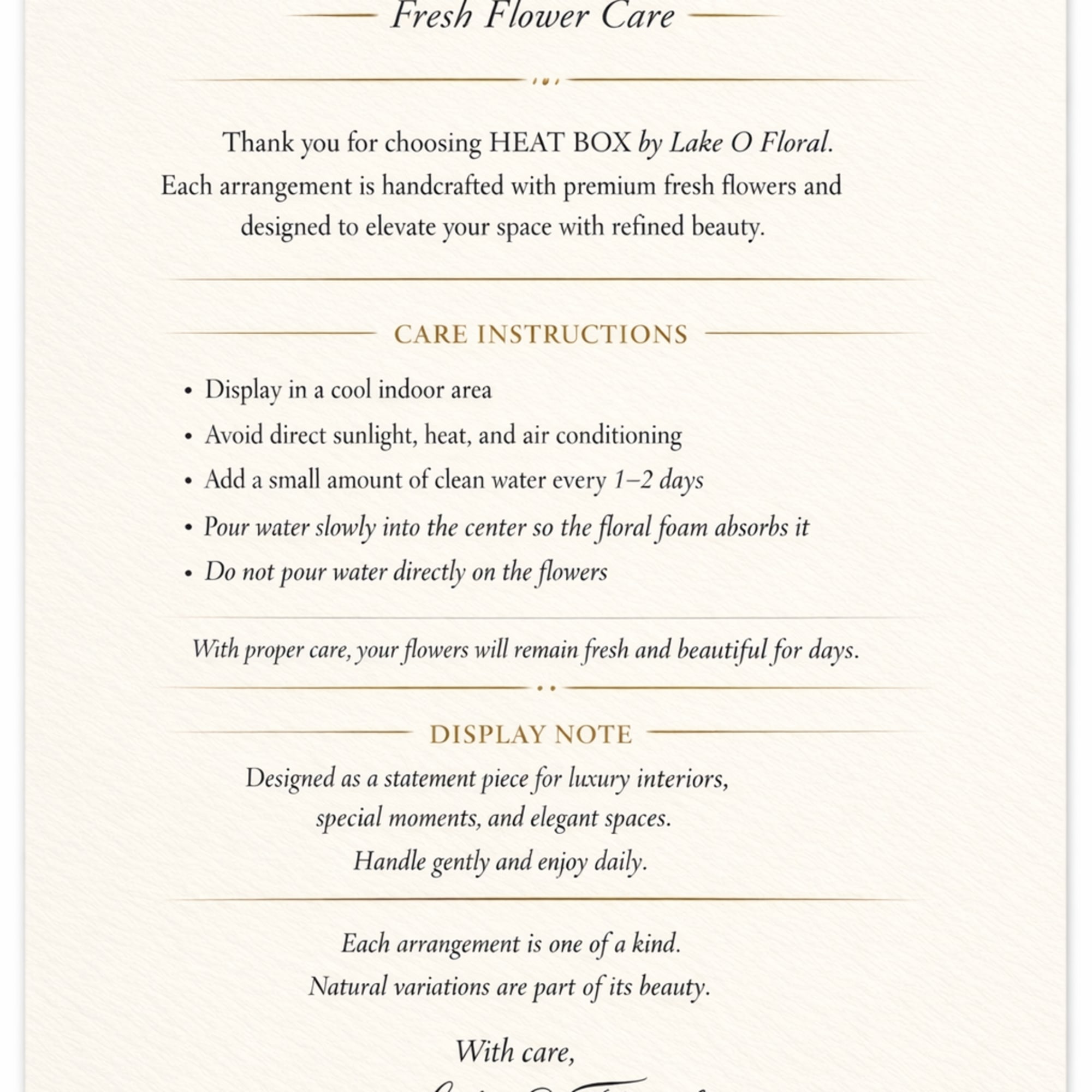 Floral care instruction card with gold decorative borders and text