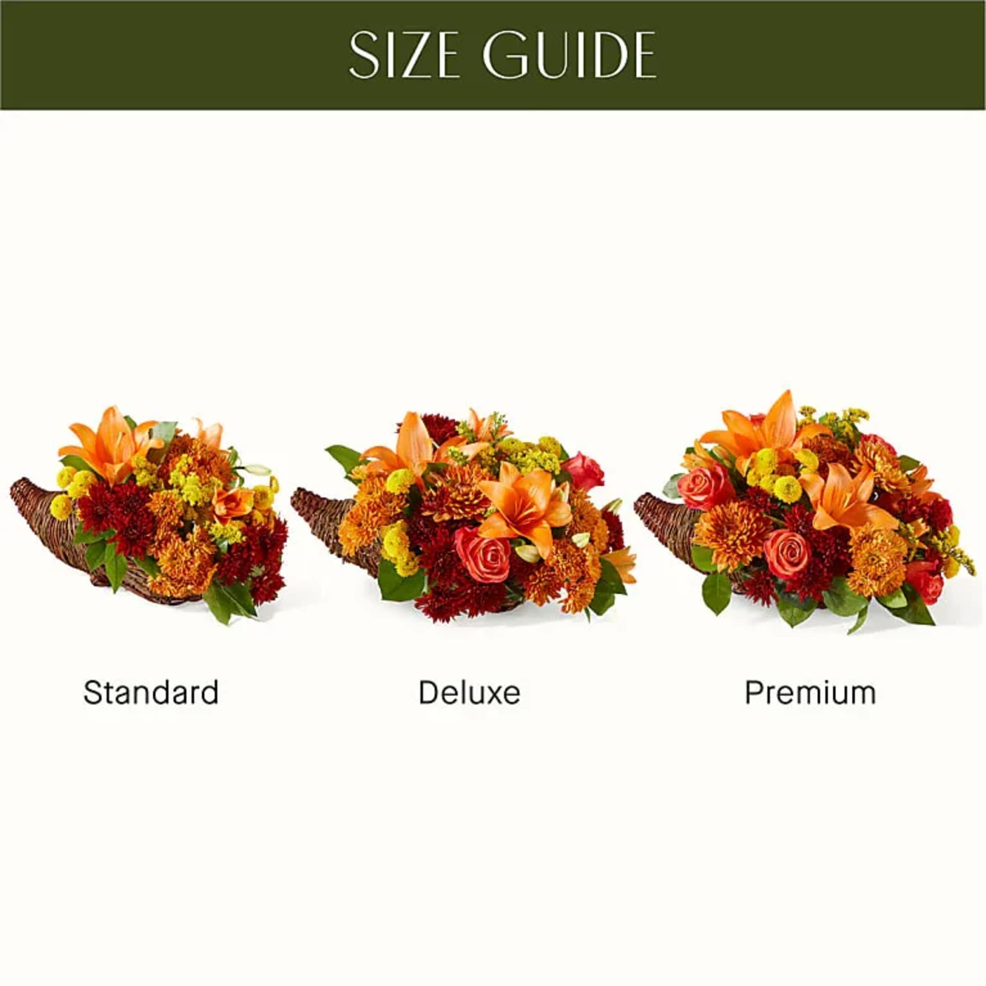 Three autumn floral cornucopia arrangements labeled standard, deluxe, and premium