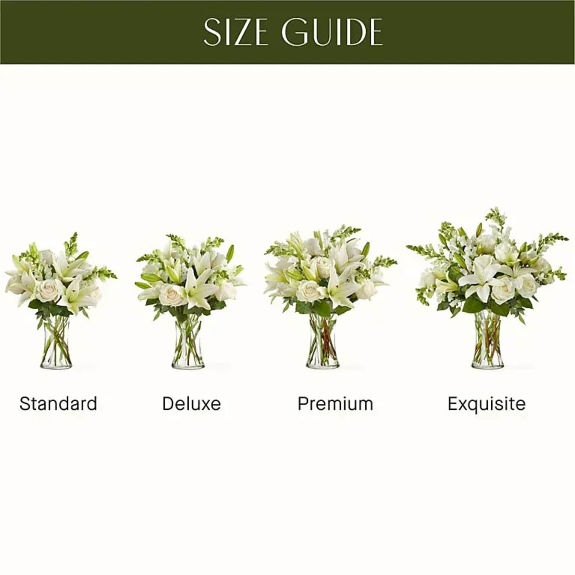 Four white lily and rose arrangements in glass vases, shown in different sizes
