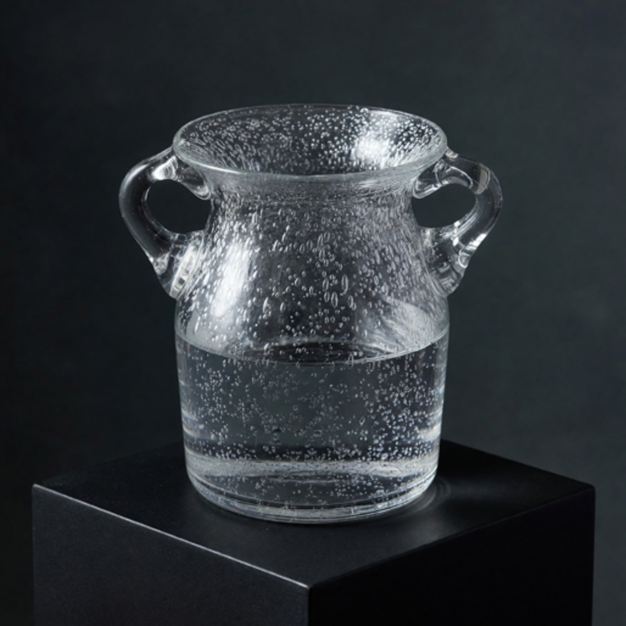 A hand-blown clear glass vase with rounded side handles and a wide