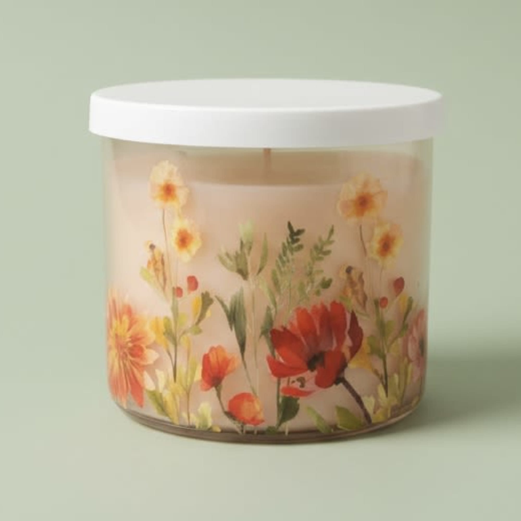 A soft watercolor of daisies and spring blossoms wraps a clear glass, photo 2 of 2