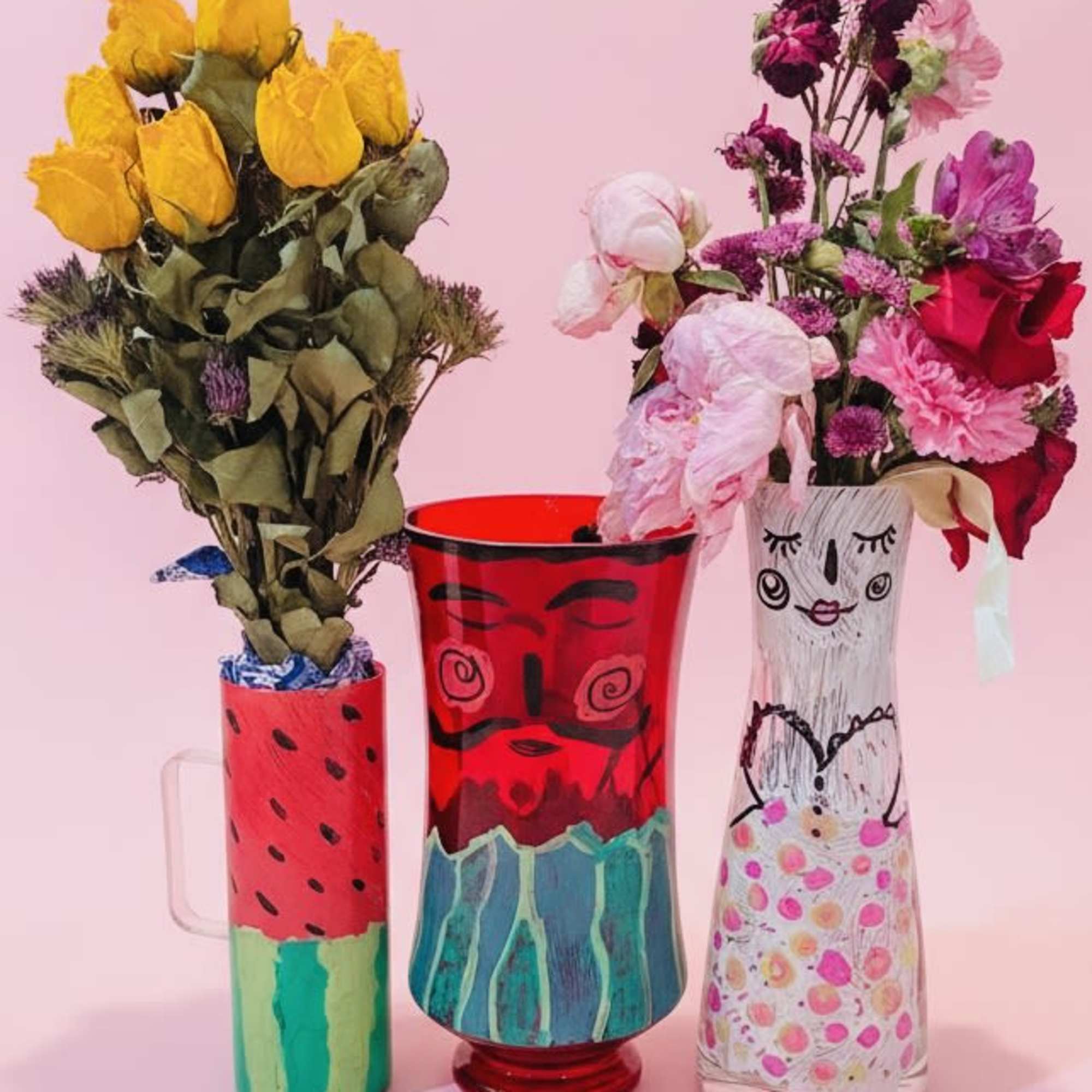 Three playful painted vessels hold a trio of cheerful bouquets designed to