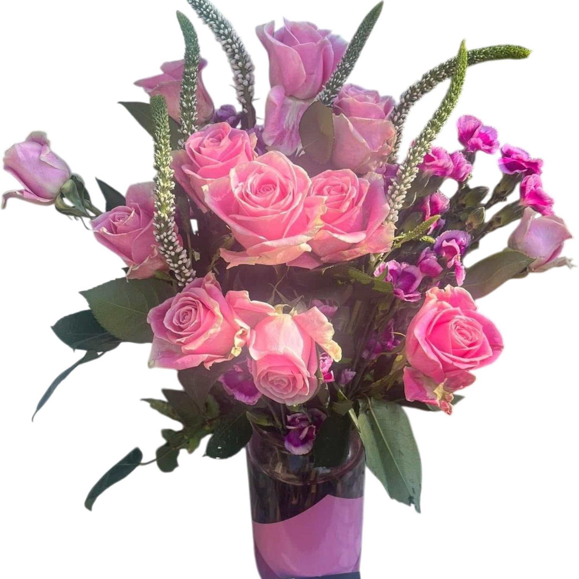 A clustered spray of soft pink roses and delicate lavender veronica spikes, photo 2 of 2