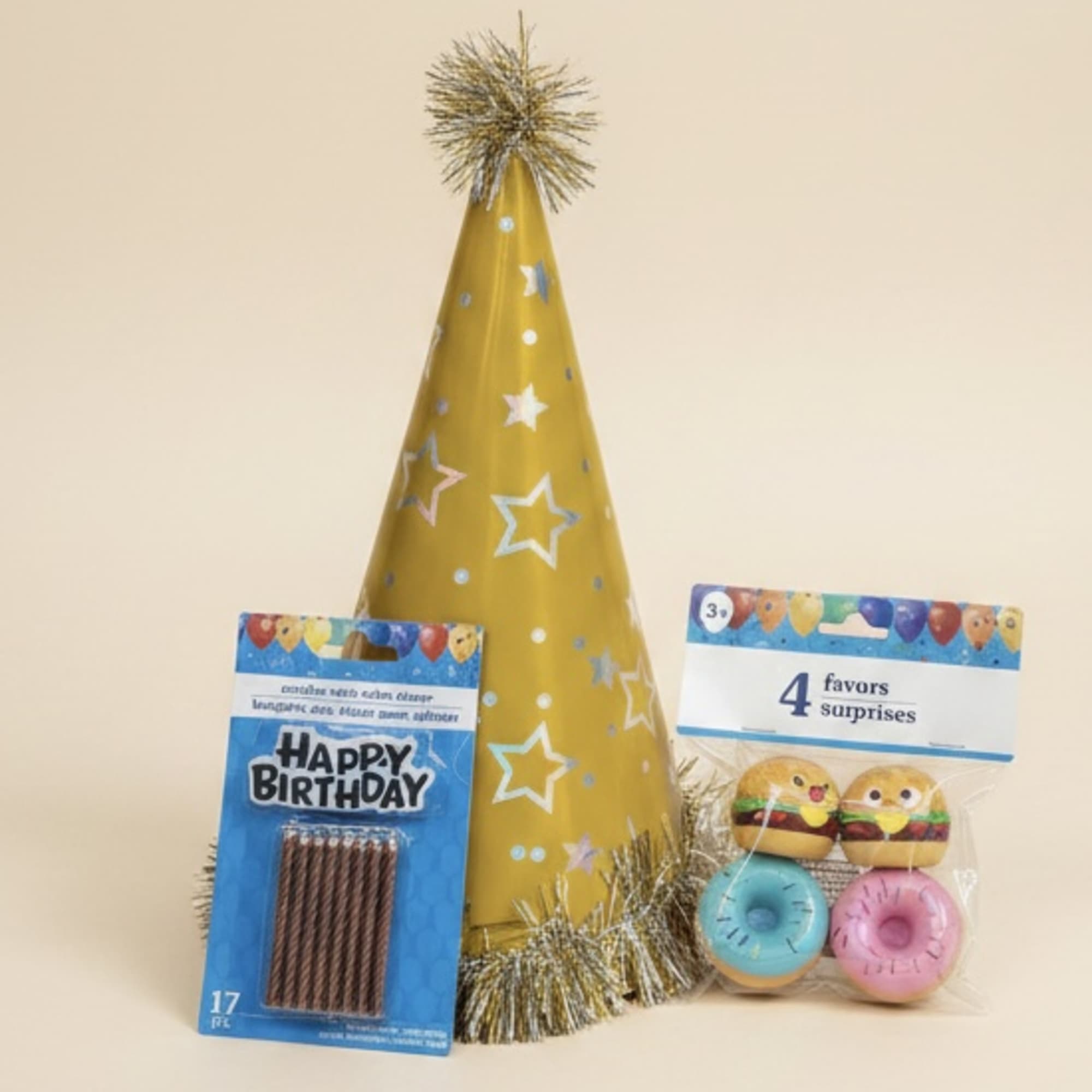 Birthday party hat with candles and small toy favors