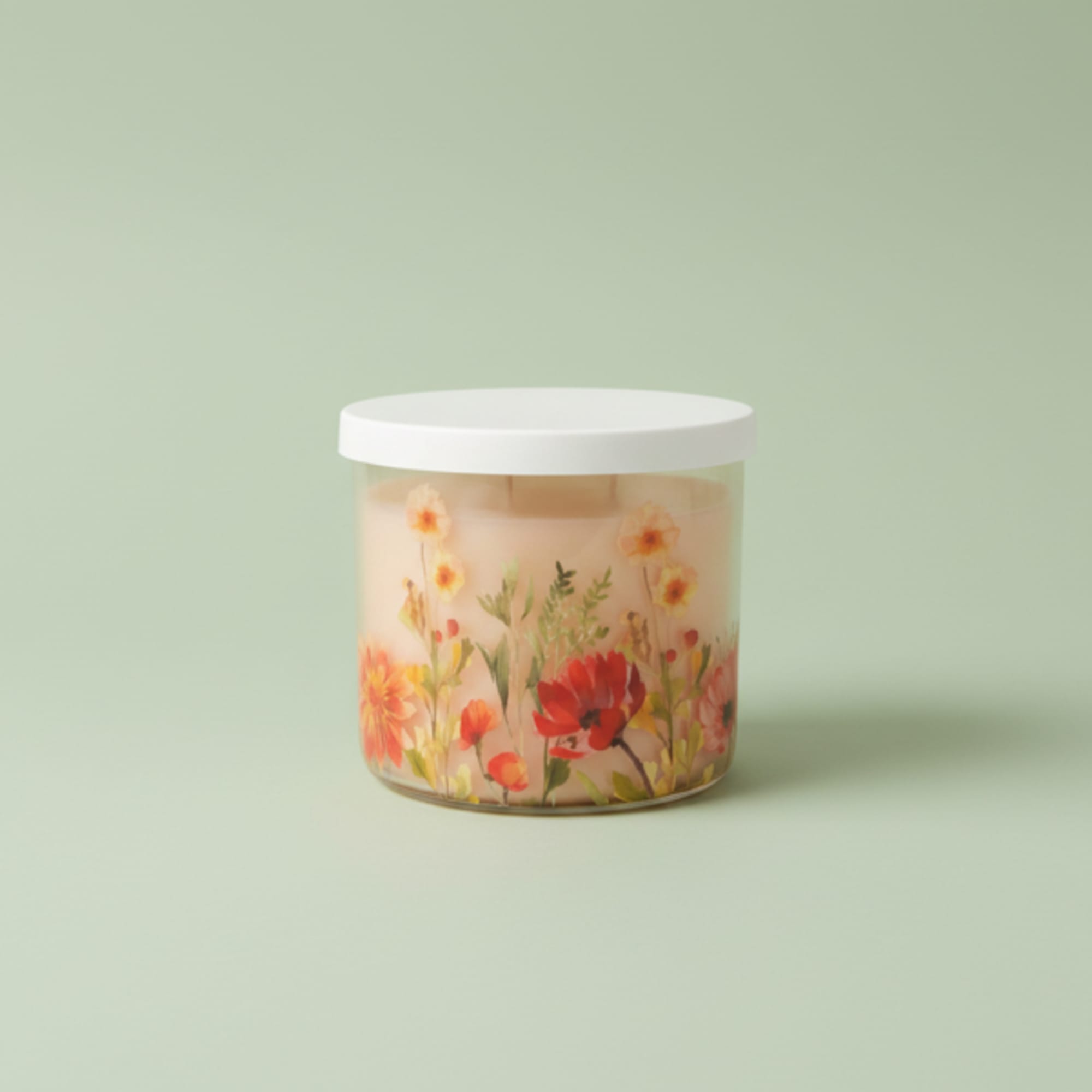 A soft watercolor of daisies and spring blossoms wraps a clear glass, photo 2 of 2
