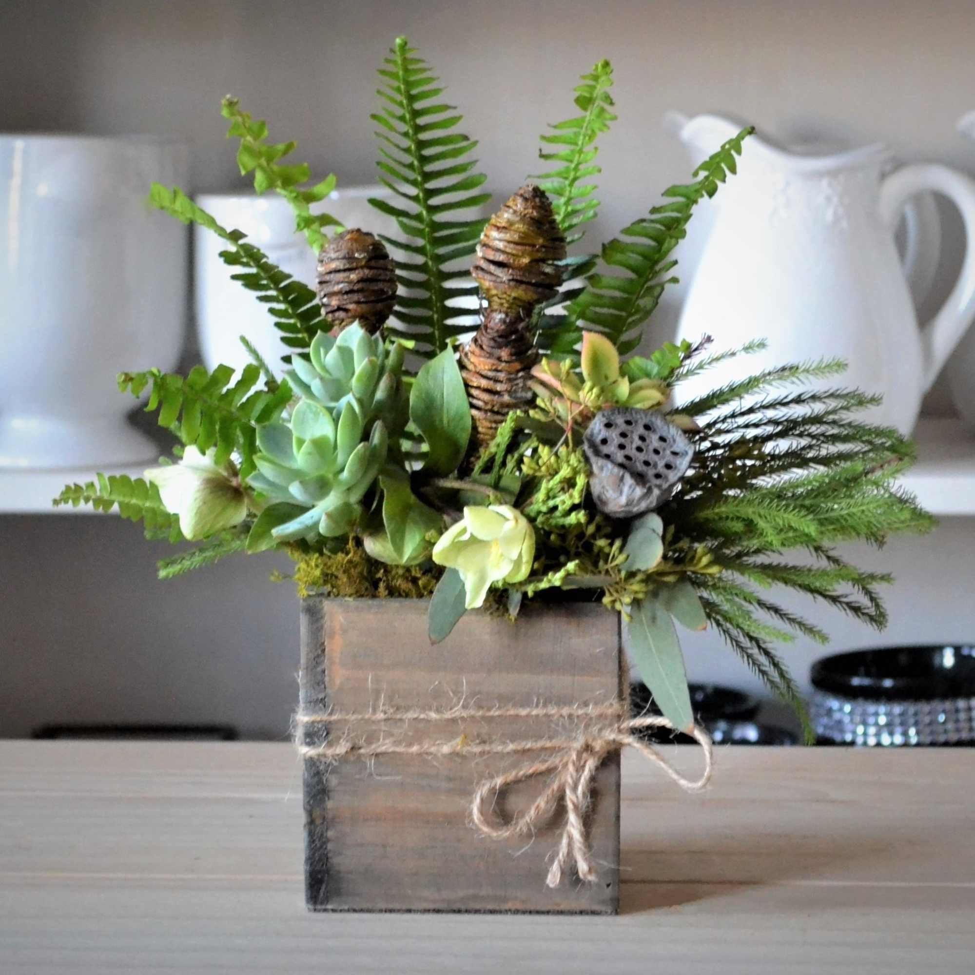 Succulent arrangement in a rustic wooden box with fern fronds and pinecones
