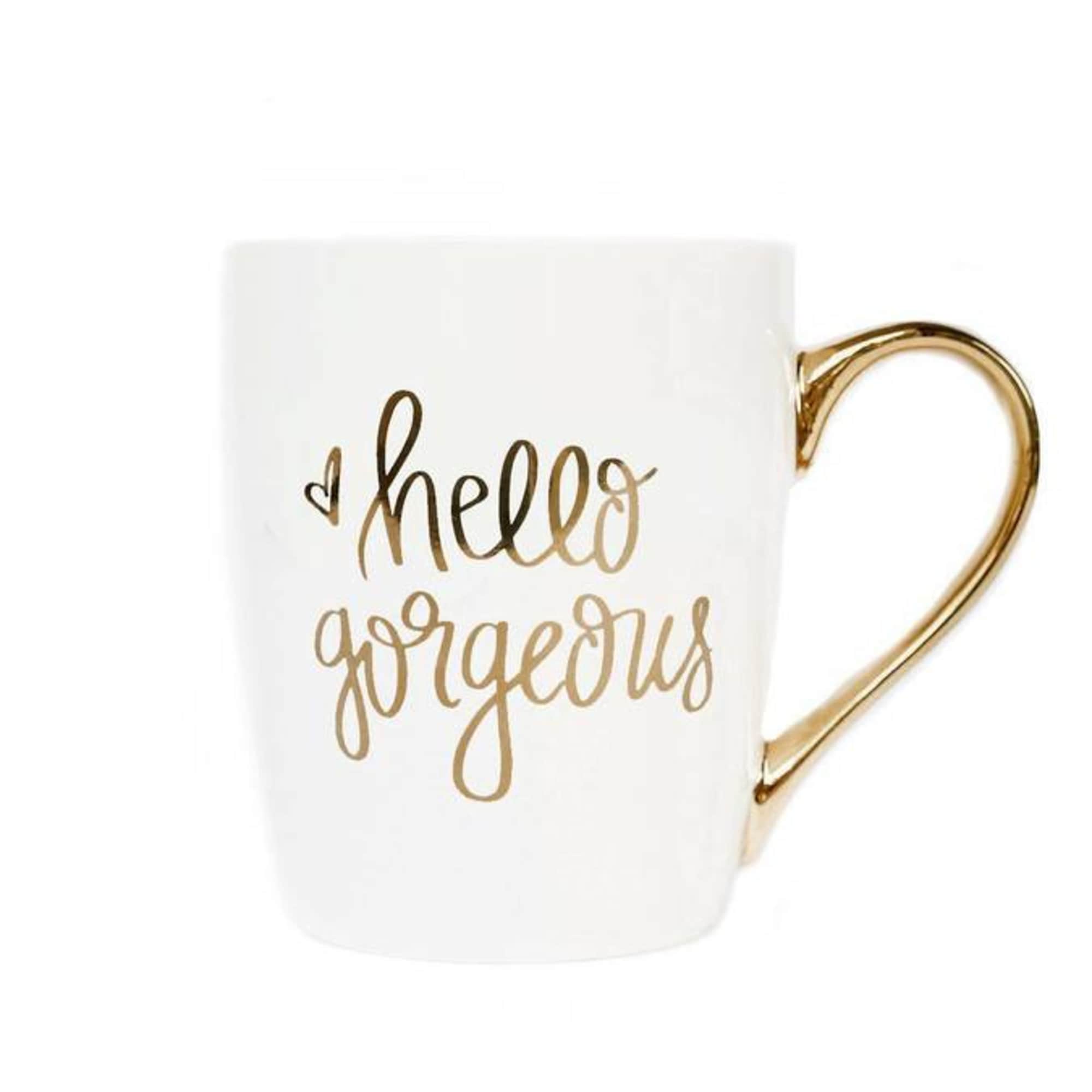 White mug with gold handle and gold "hello gorgeous" text
