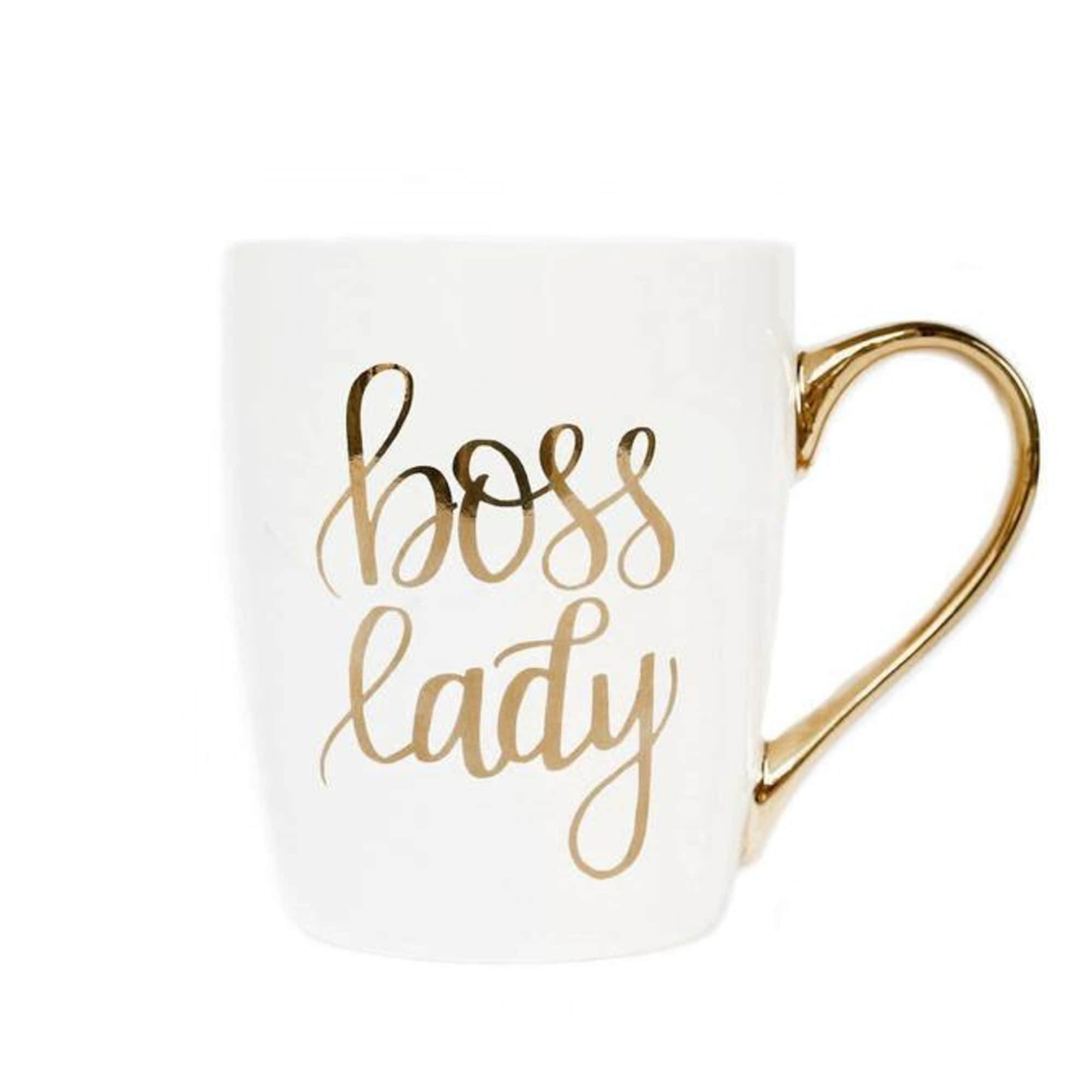 White mug with gold handle and "boss lady" text