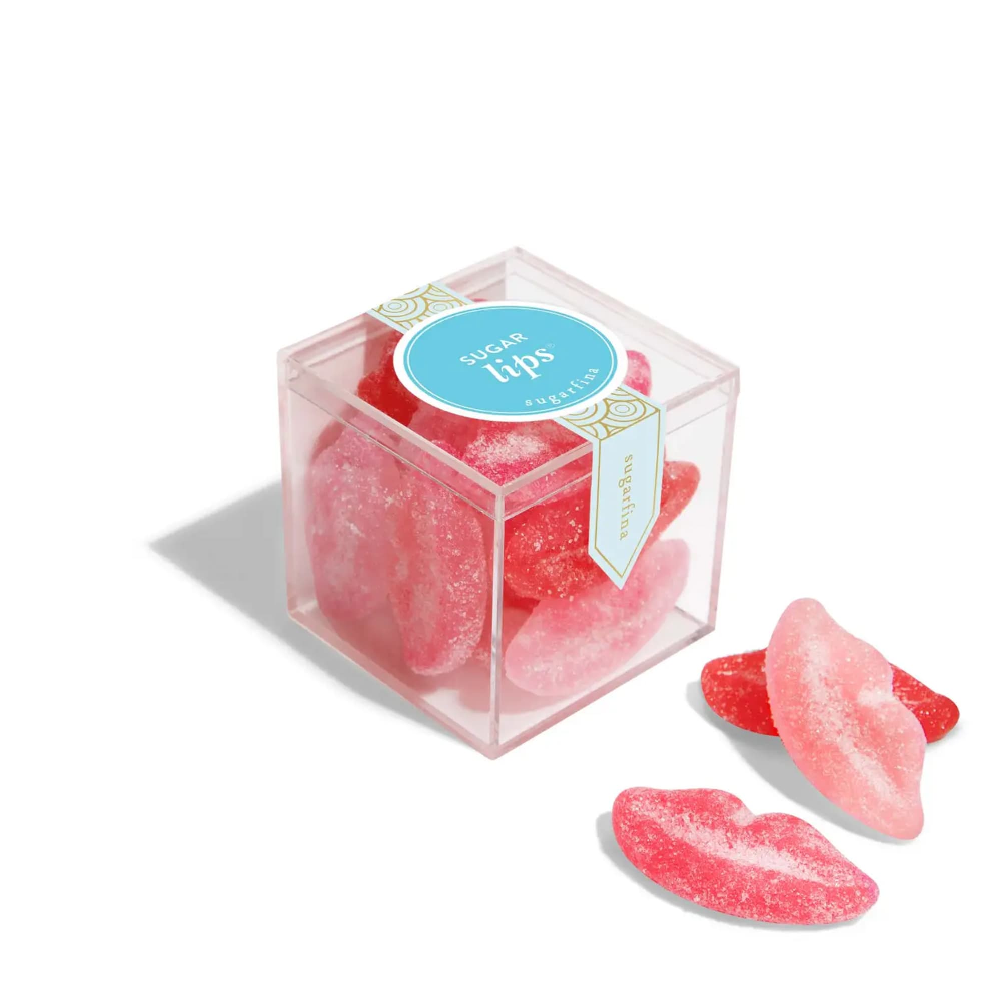 Clear box of pink and red gummy lips candy