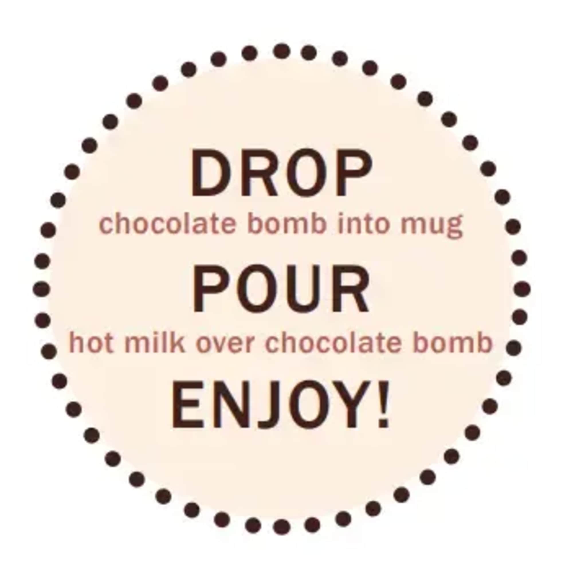Round sign with instructions for a chocolate bomb drink