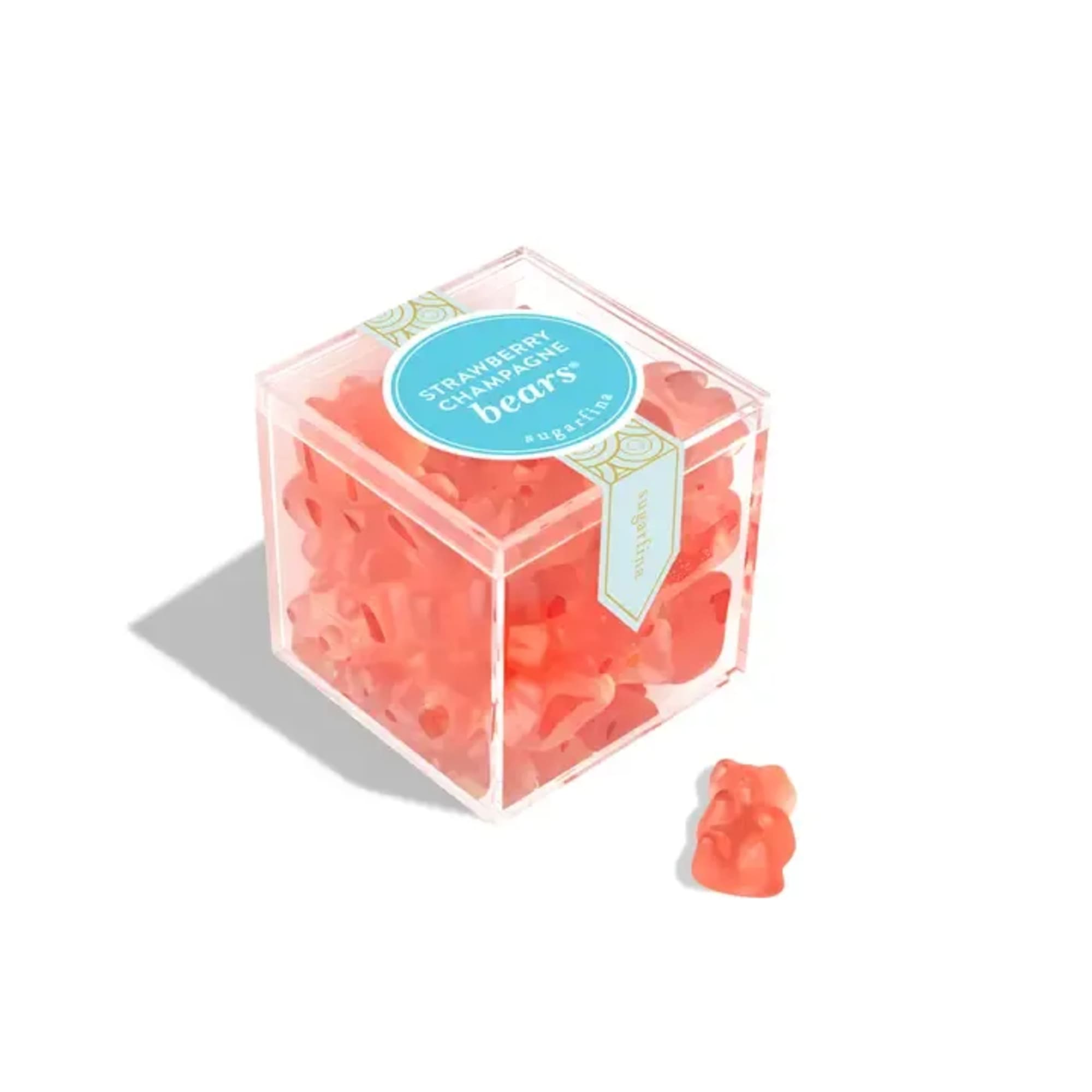 Clear cube box of strawberry champagne gummy bears