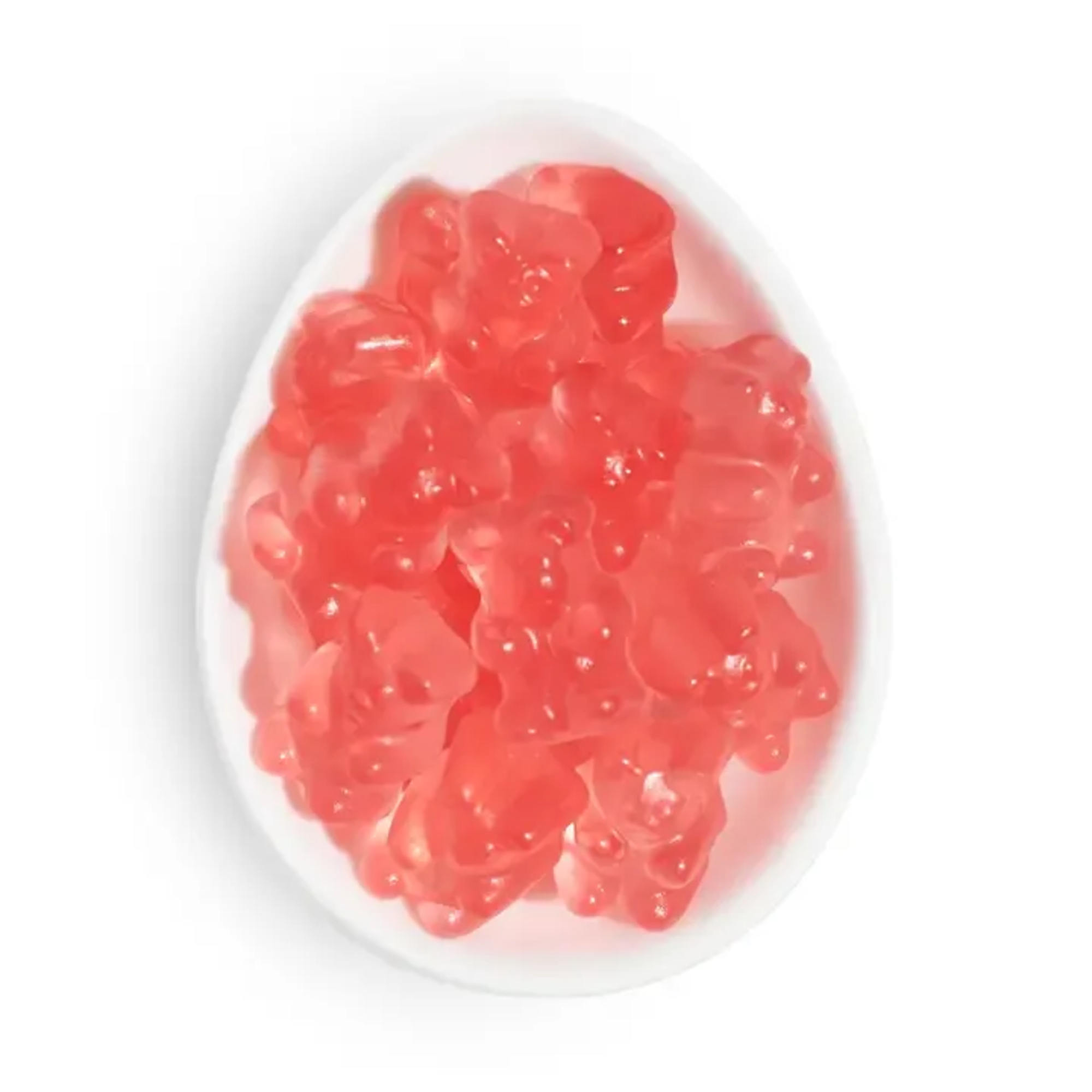 Clear egg-shaped container filled with red gummy candies