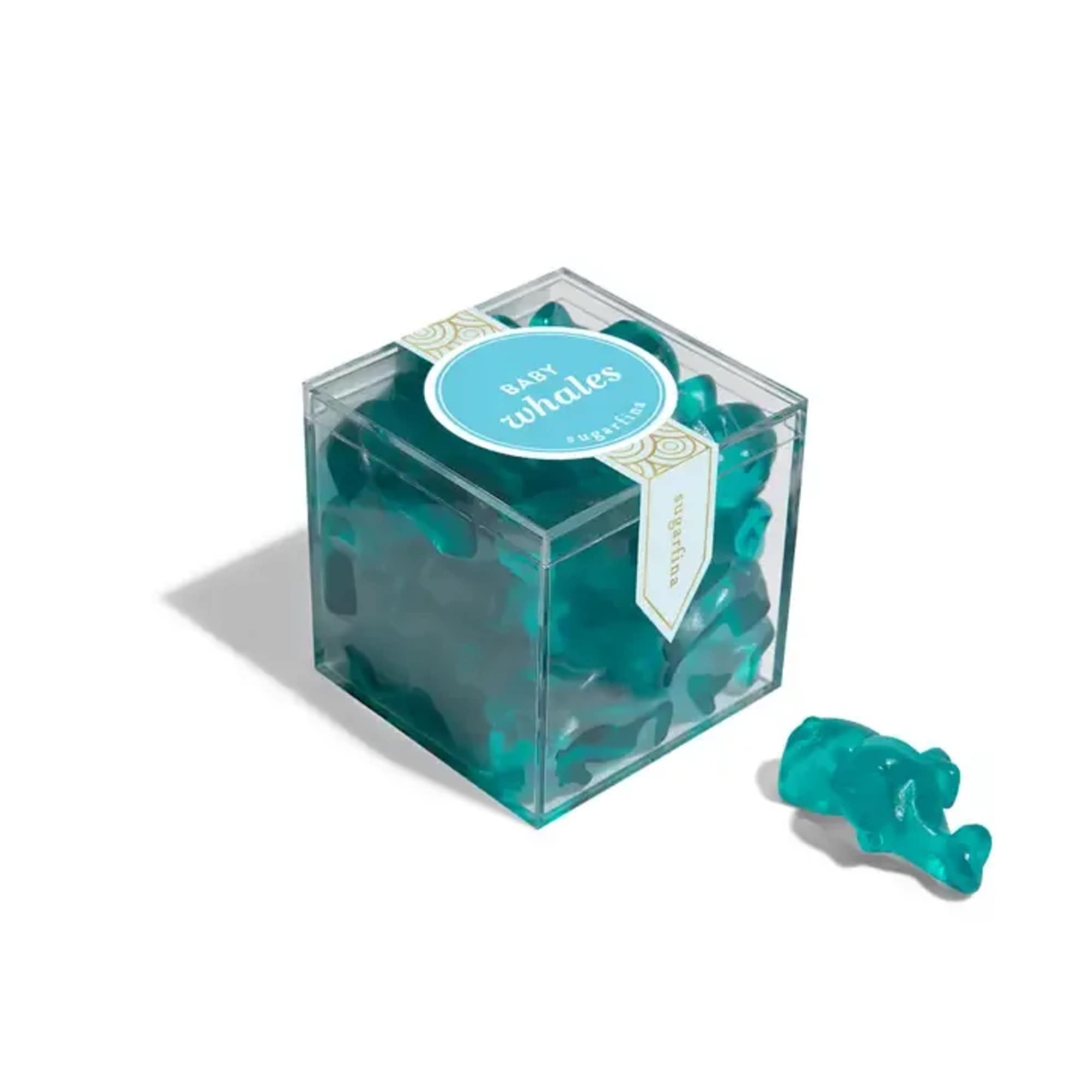 Clear cube box of teal gummy bears with one bear outside