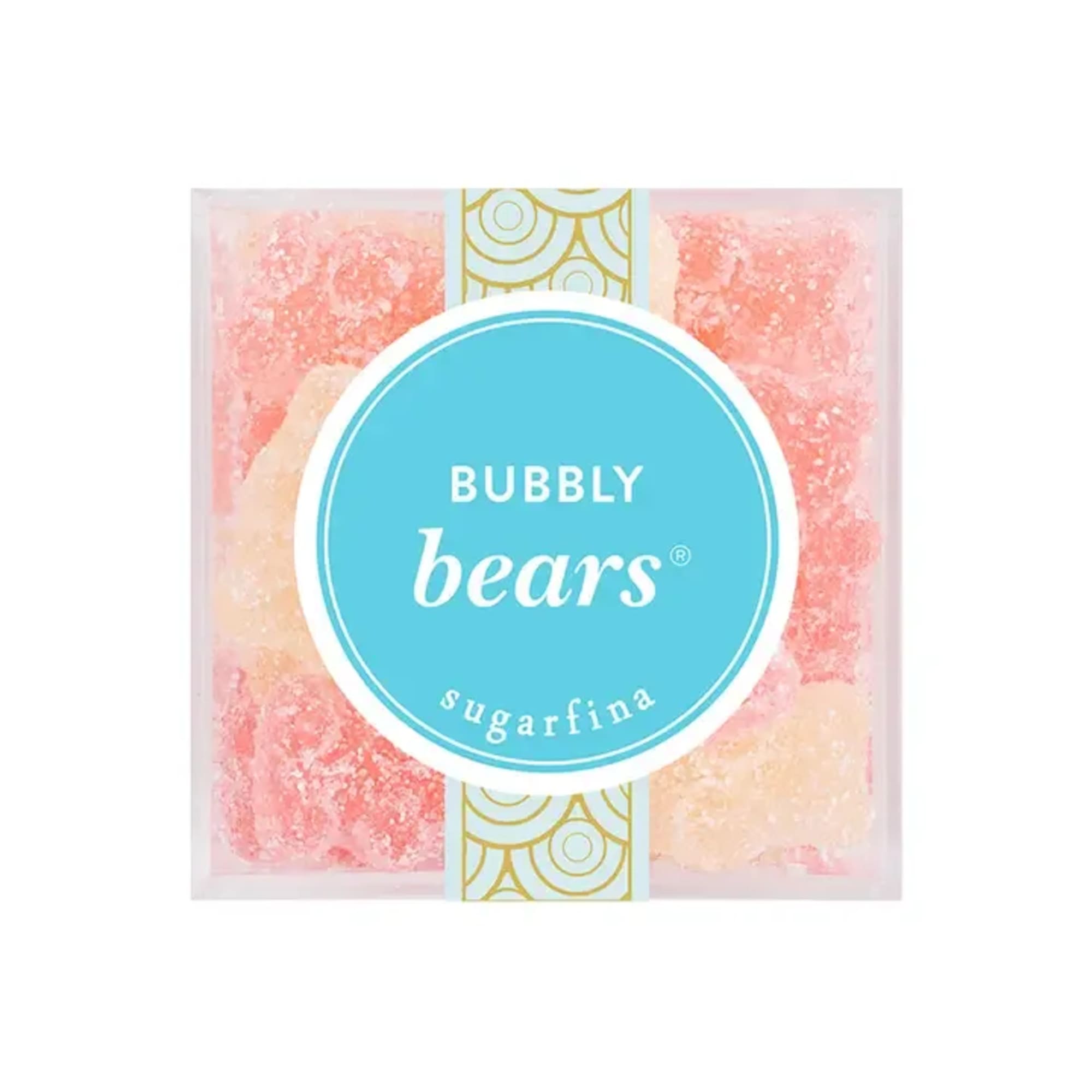 Box of pink and peach gummy bears with a blue label
