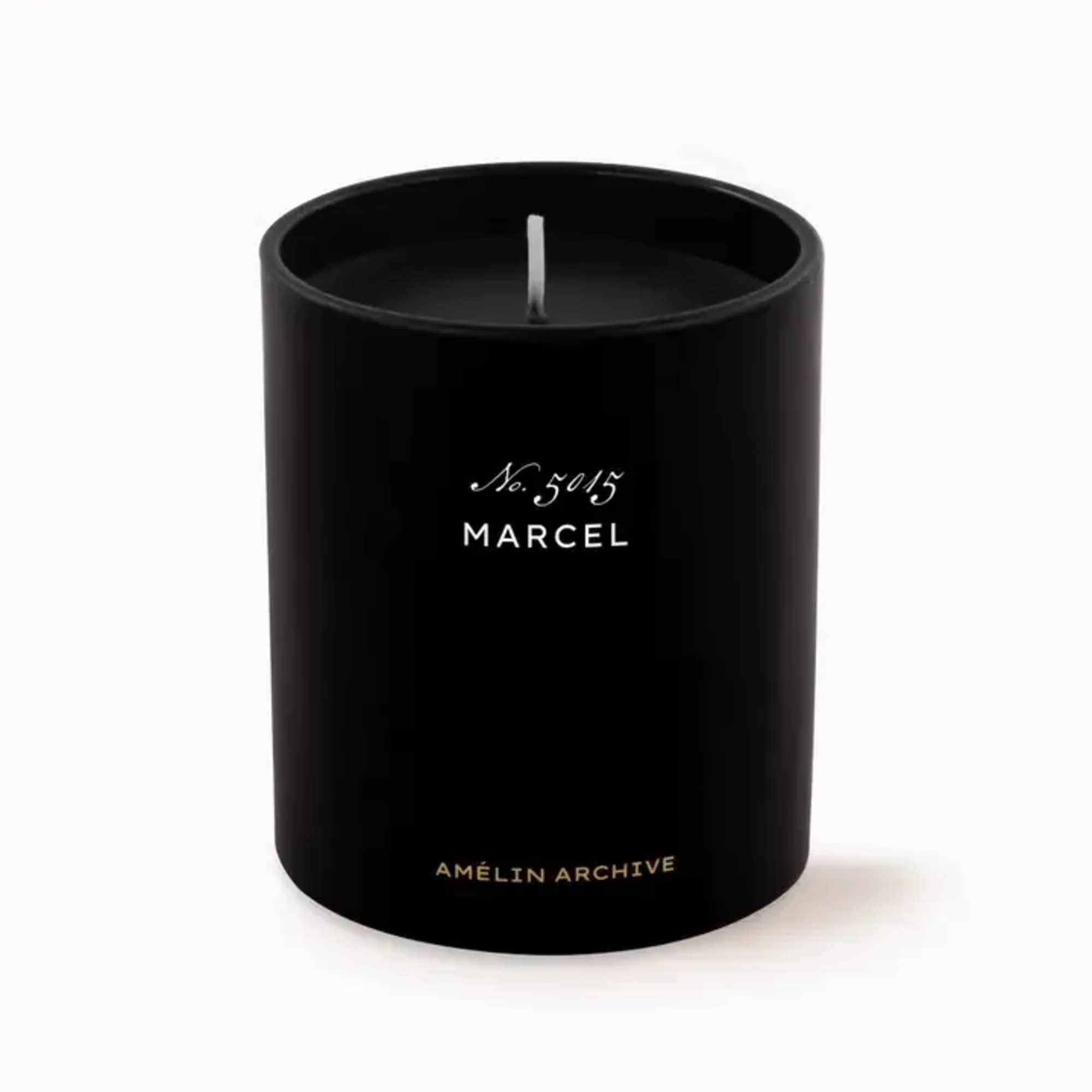 Black scented candle in a cylindrical container with printed text