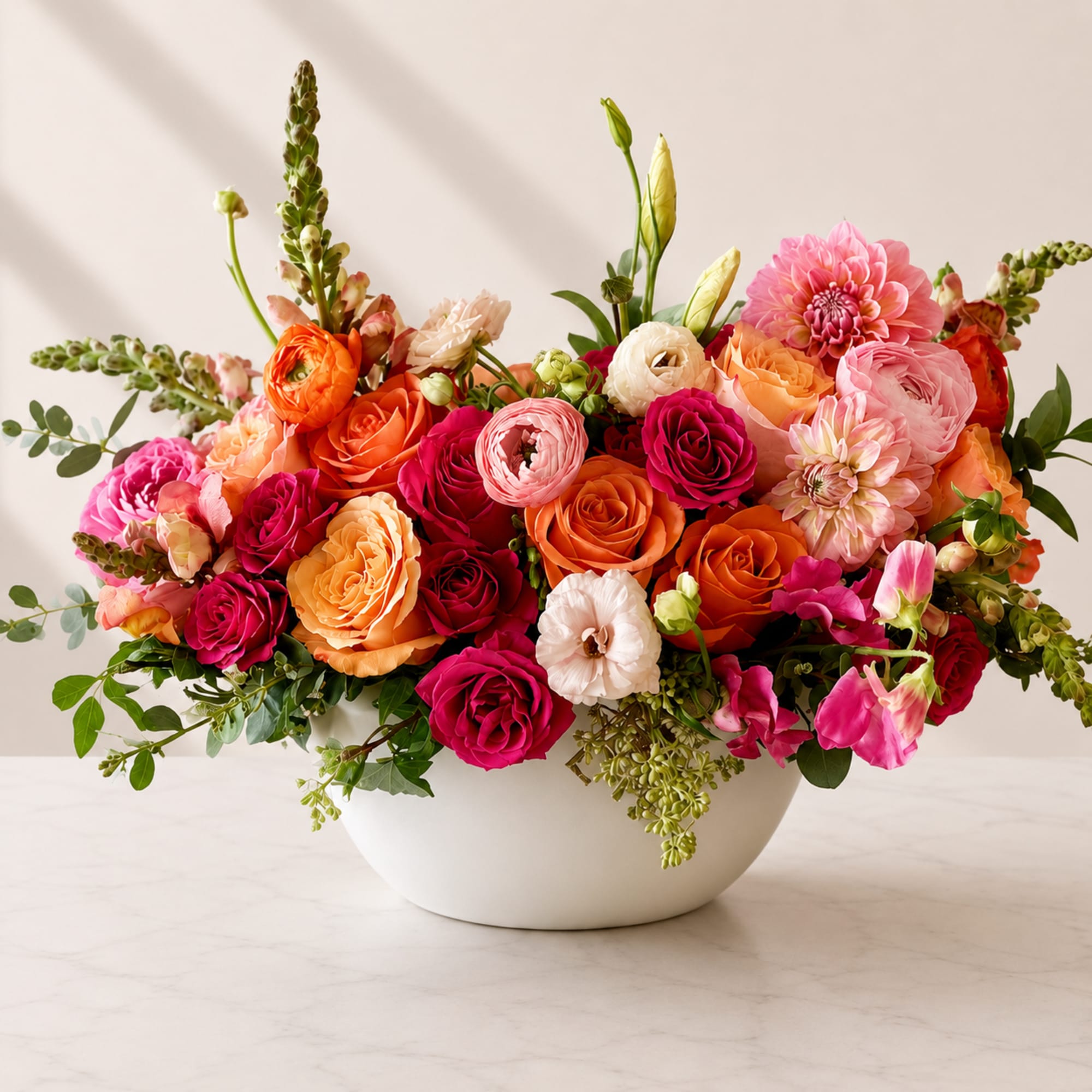 Hot Pink and Orange Roses, Orange Tulips and Orange Cockscomb with seeded, photo 3 of 3