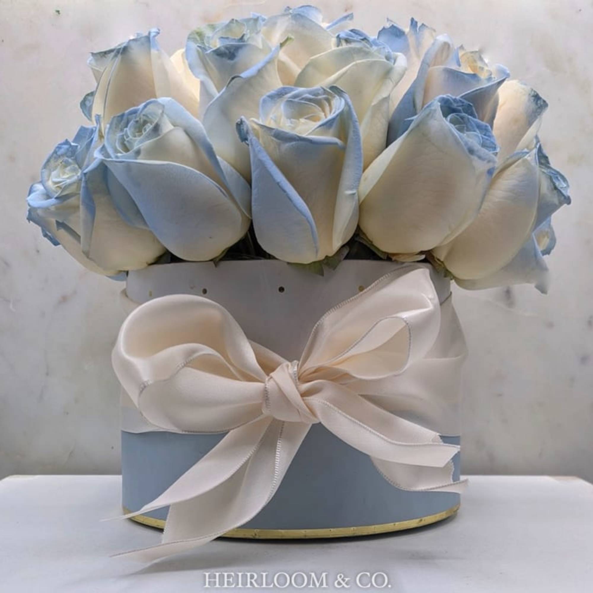 White roses with pale blue edges in a blue hat box tied with a white ribbon