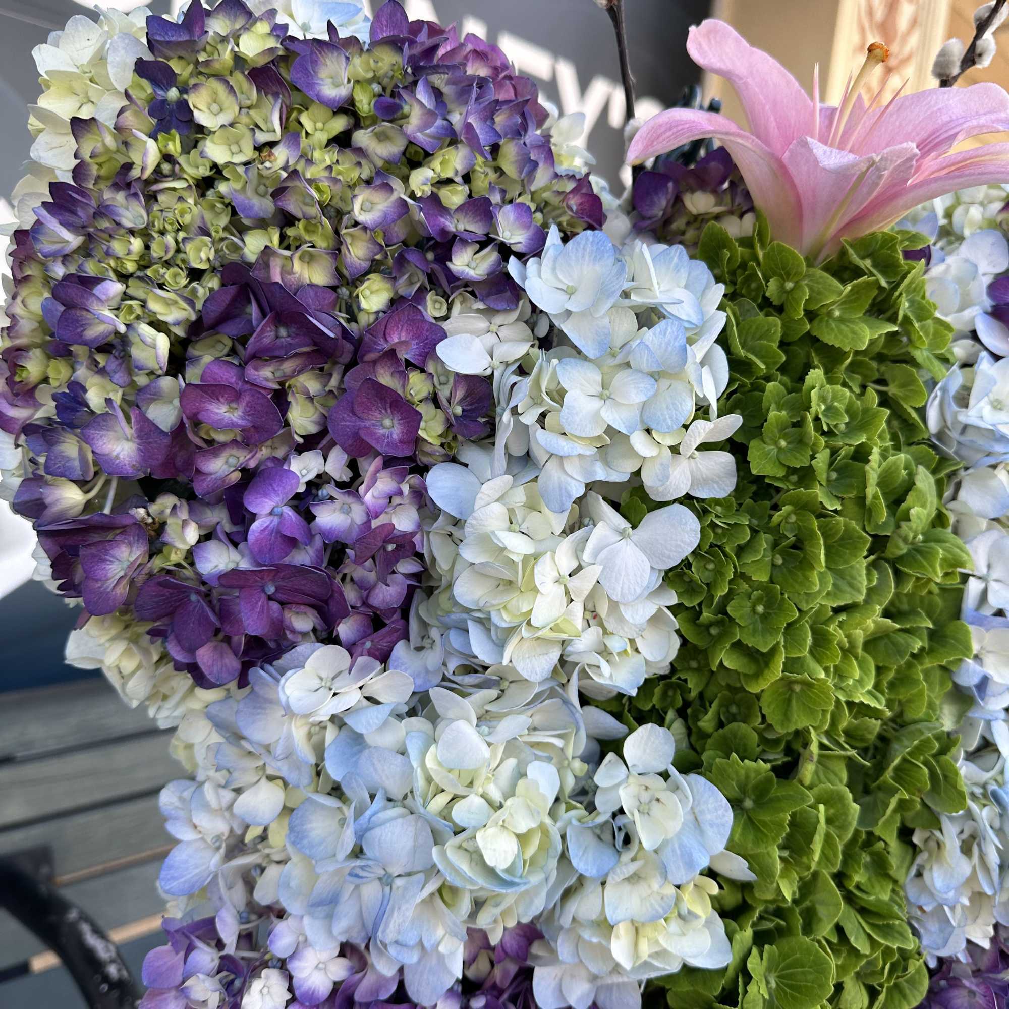 Clustered hydrangea arrangement with purple, white, blue, and green blooms