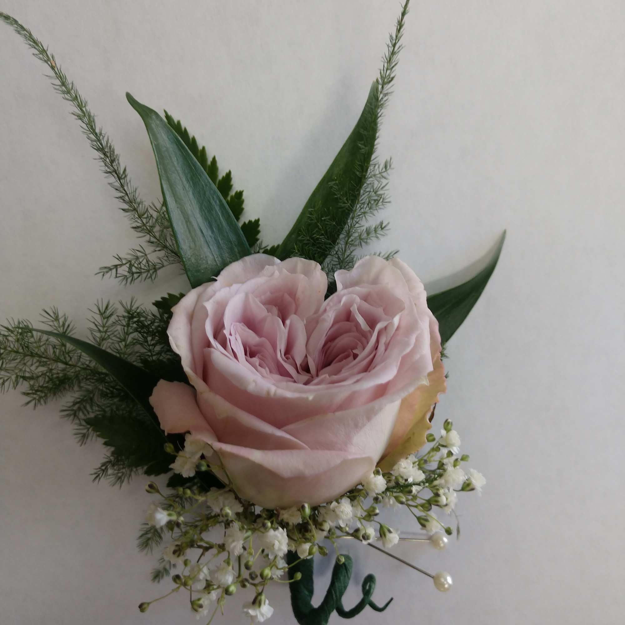 Single pale pink rose with baby's breath and greenery