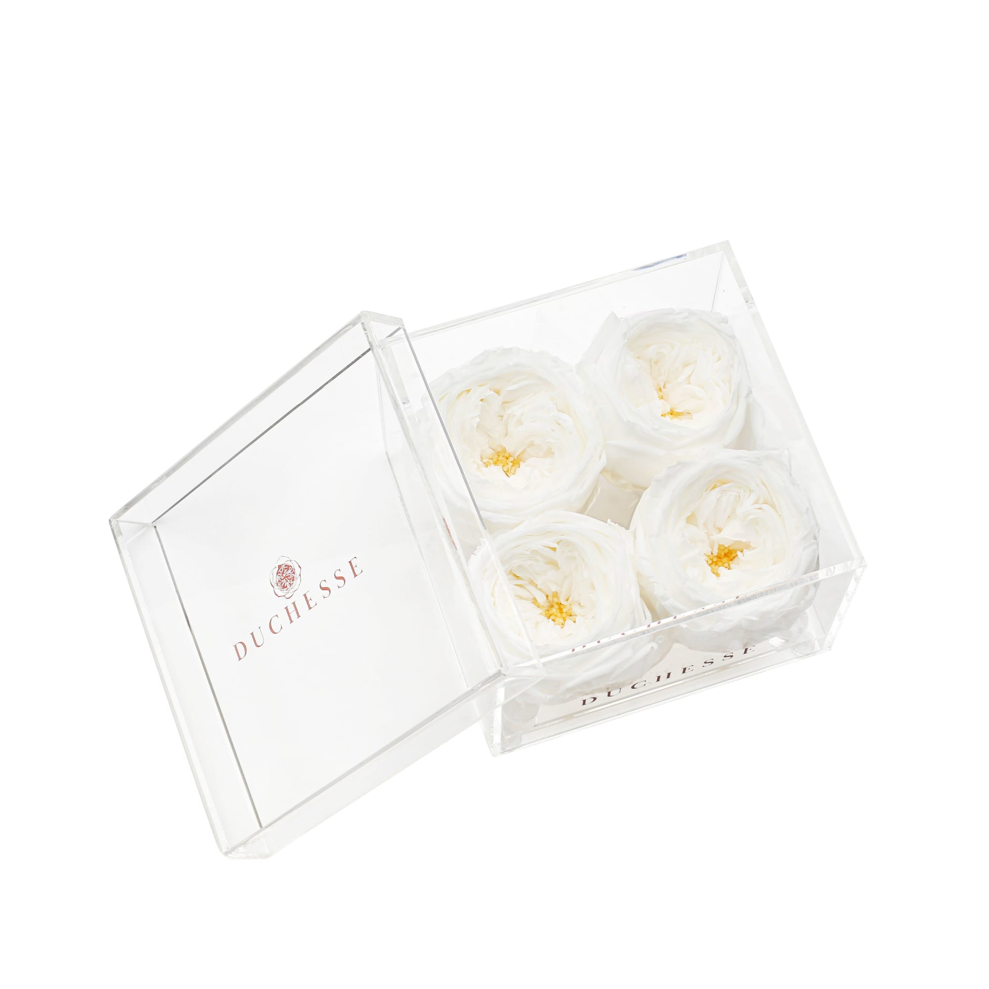 Clear box with four white flowers inside