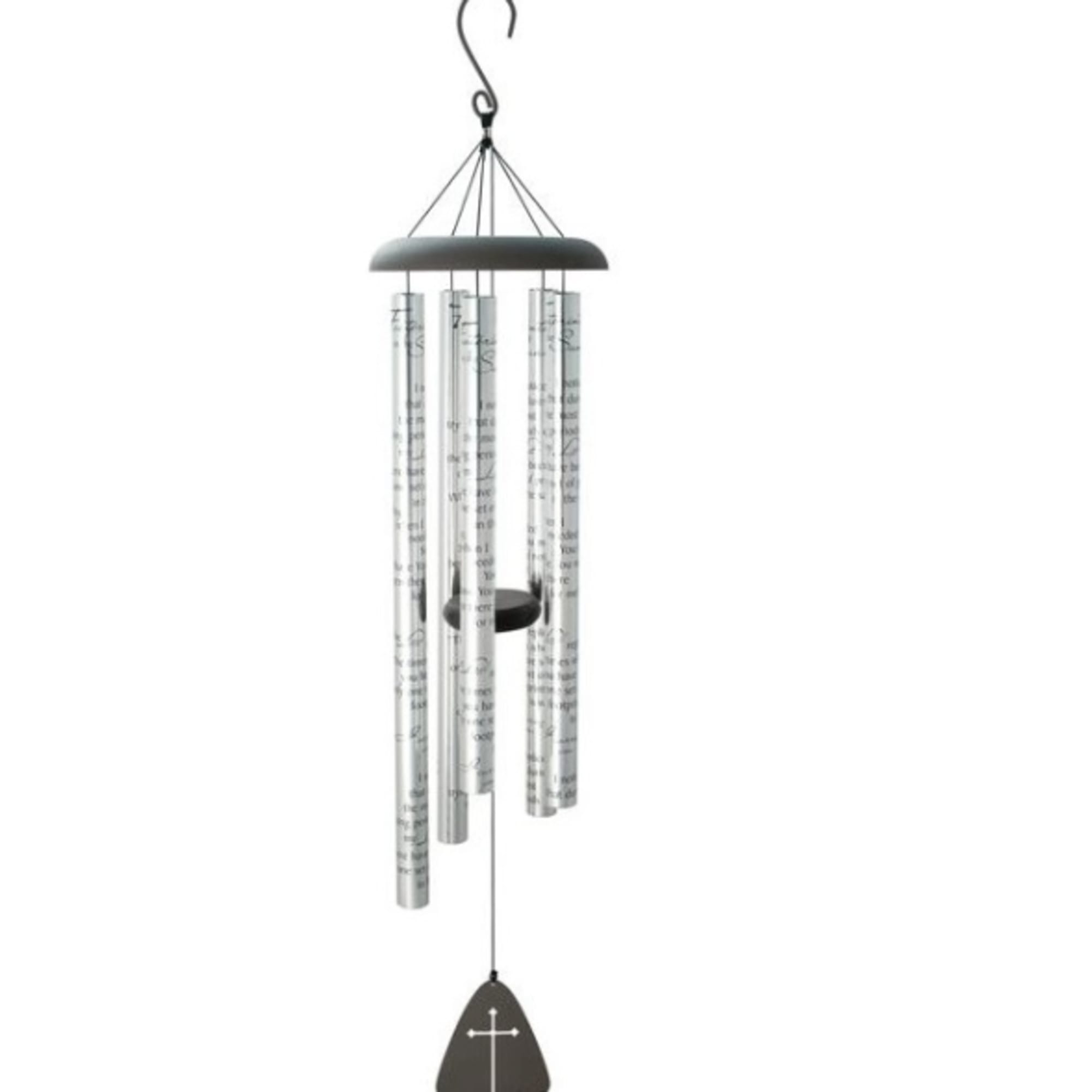 Silver metal wind chime with printed text and black sail featuring a white cross