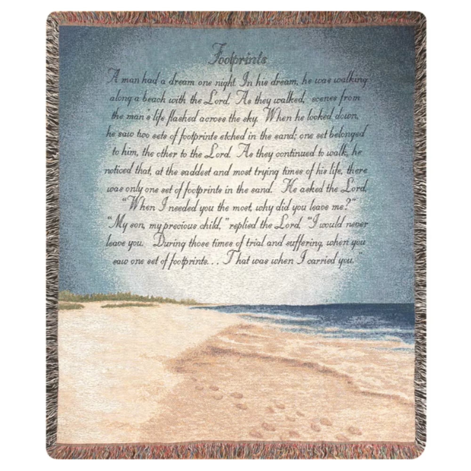Woven throw blanket with Footprints poem and beach scene with footprints in sand by the ocean
