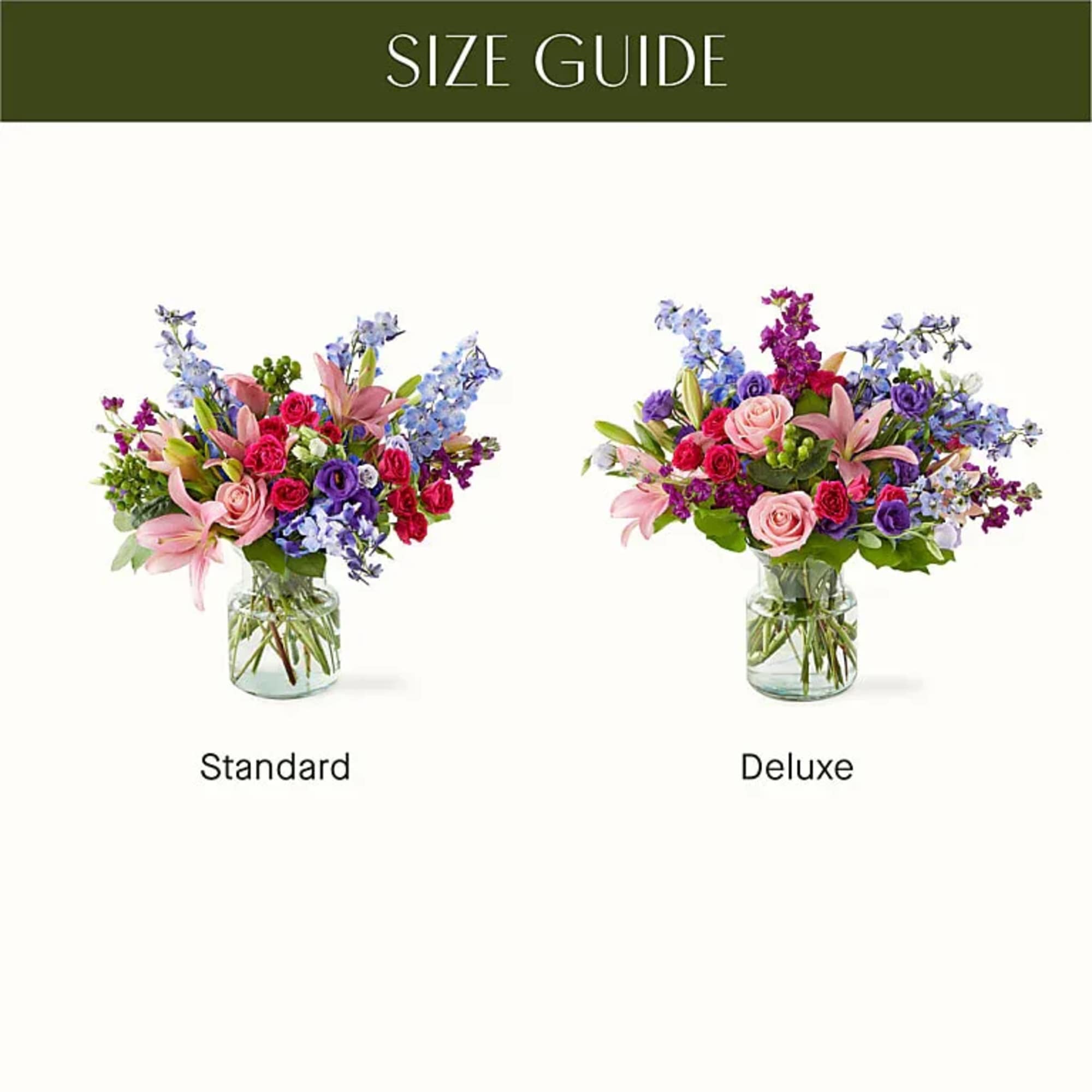 Two mixed flower arrangements in glass vases labeled Standard and Deluxe.