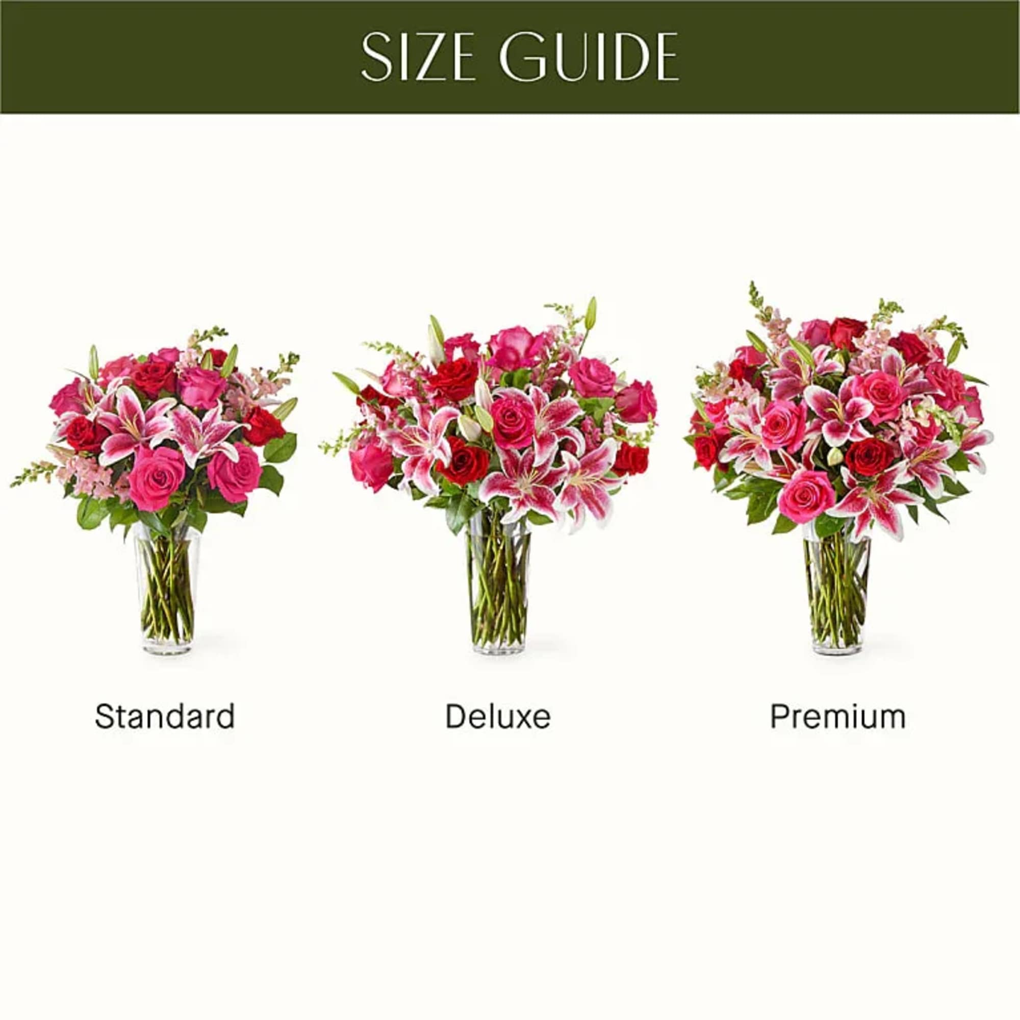 Three pink and red bouquet sizes in clear glass vases