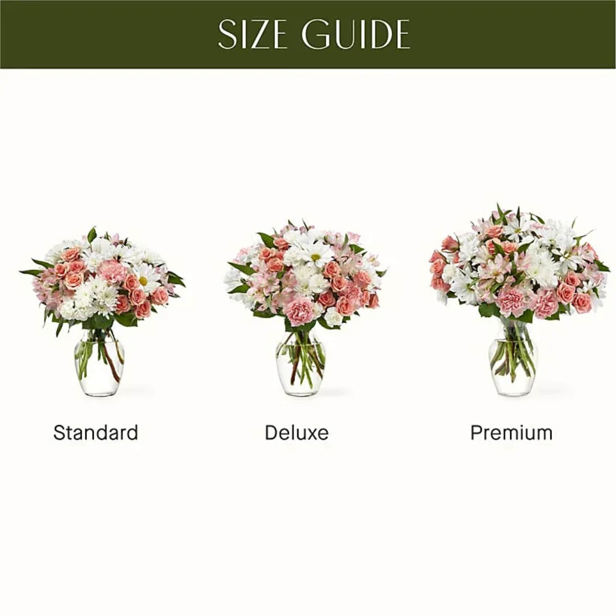 Three pink and white bouquet sizes in glass vases
