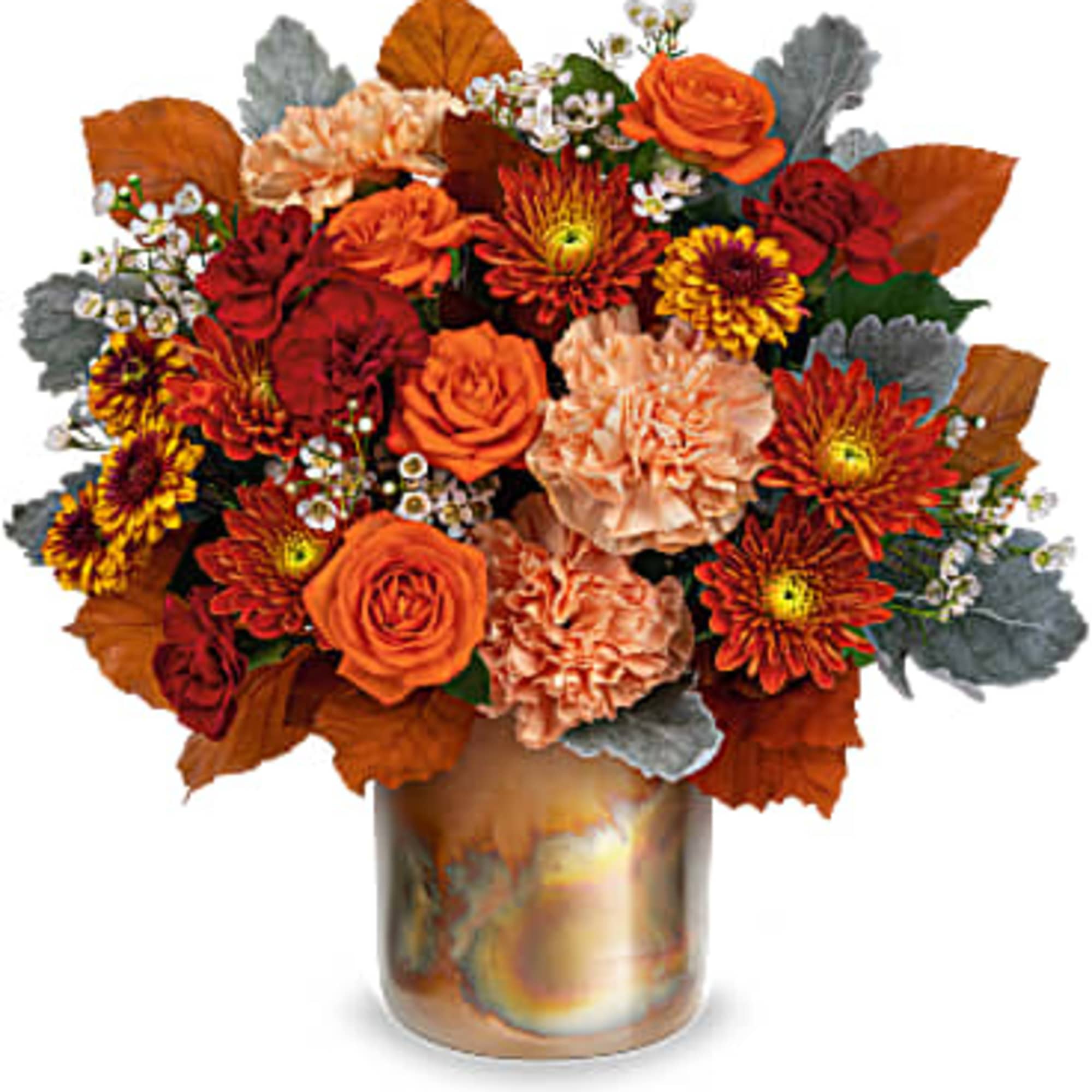 Take a shine to fall d&eacute;cor with this shimmering, copper-hued metal keepsake