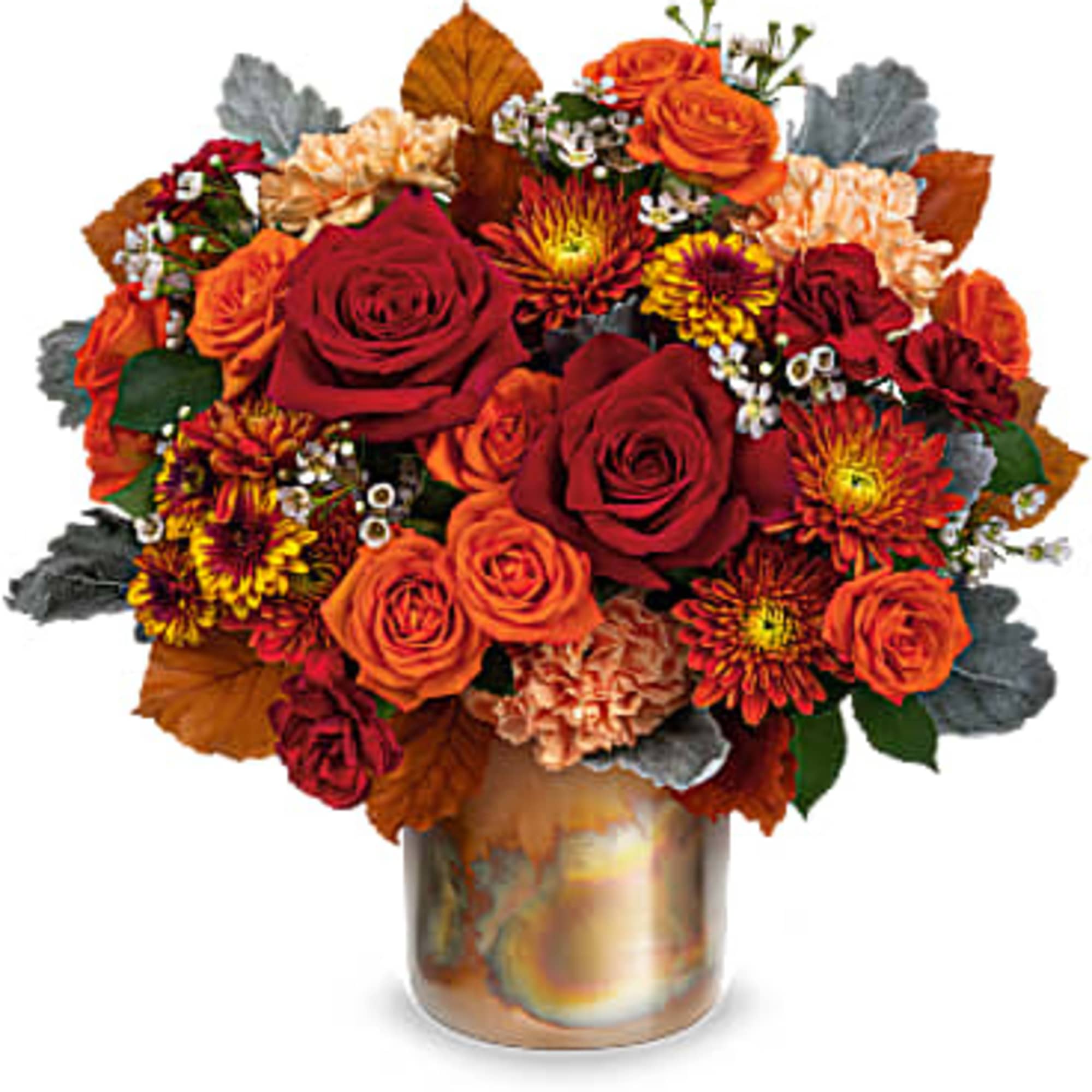 Take a shine to fall d&eacute;cor with this shimmering, copper-hued metal keepsake