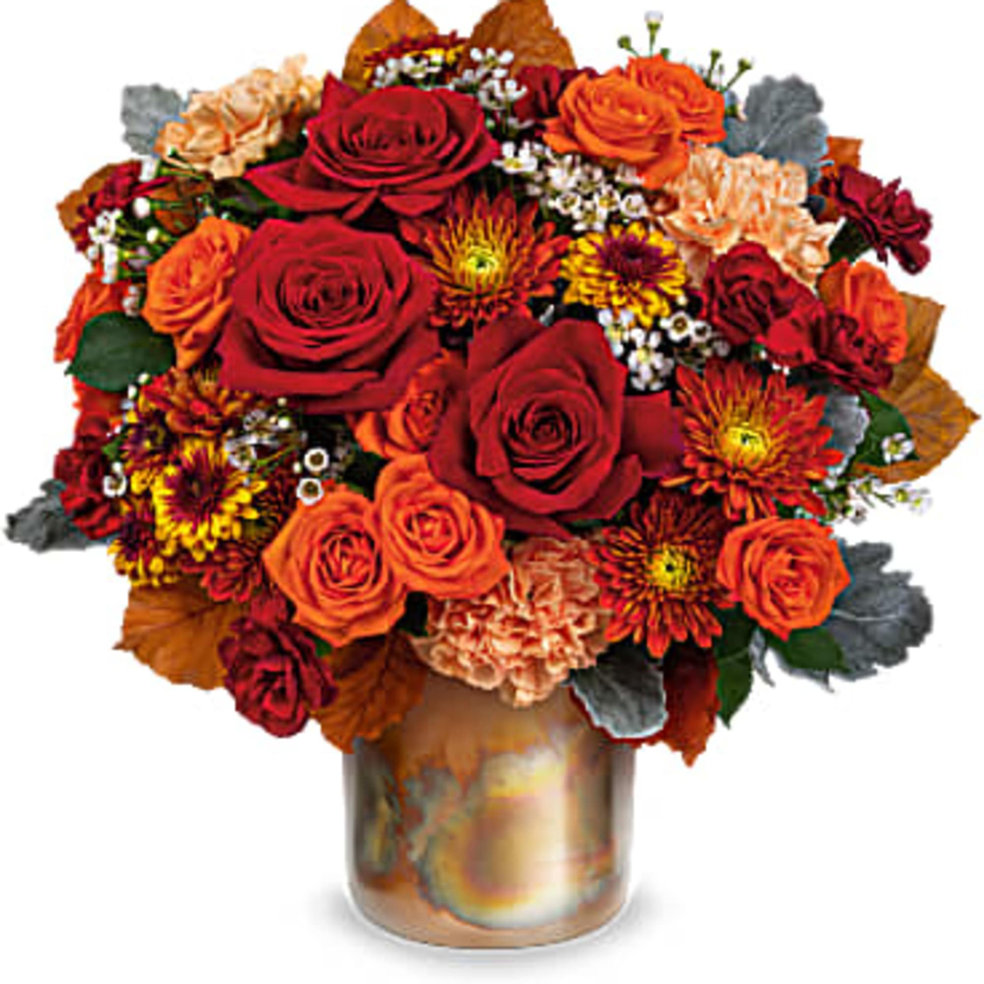 Take a shine to fall d&eacute;cor with this shimmering, copper-hued metal keepsake
