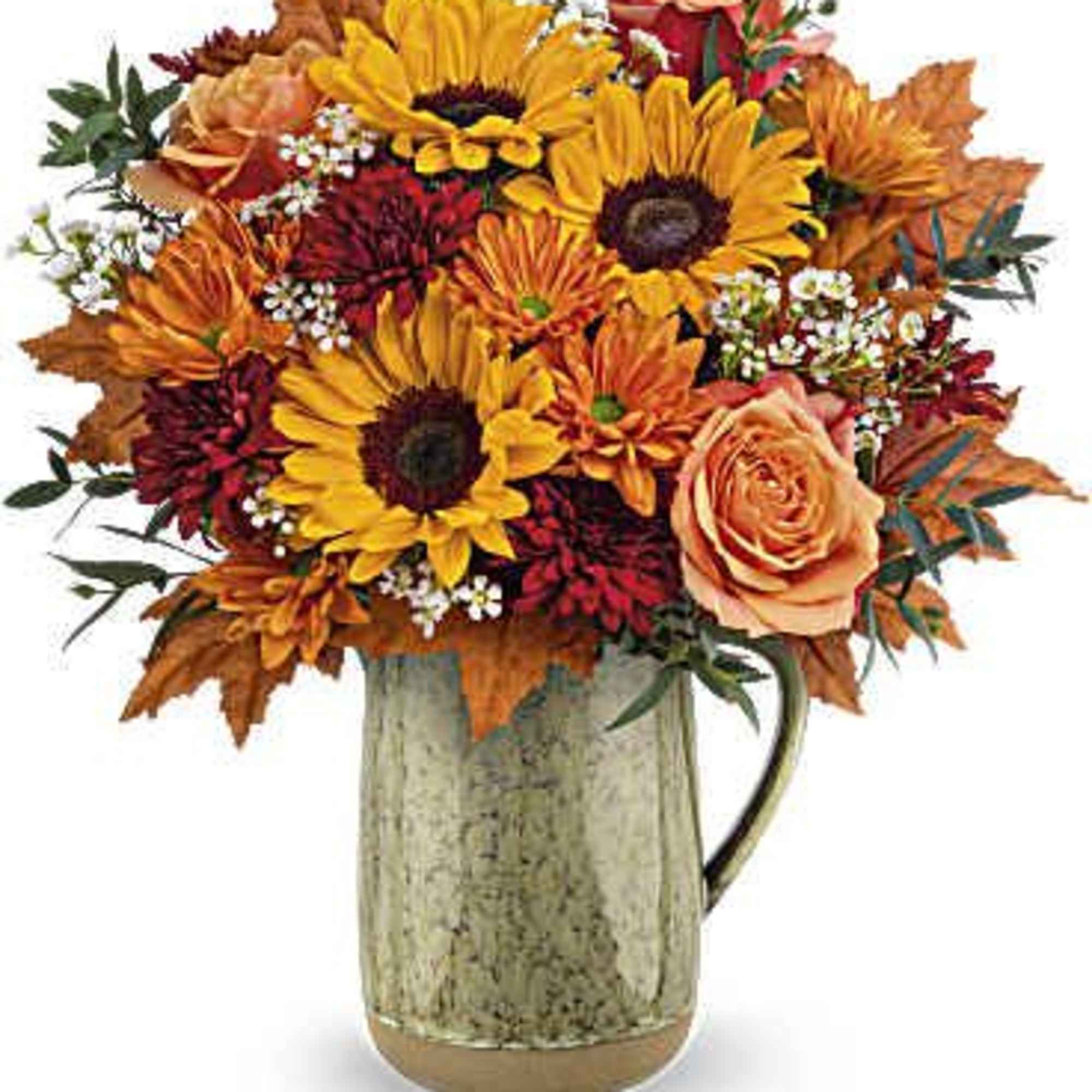 Like the autumn sun's warmth, this delightful sunflower bouquet is elegantly showcased