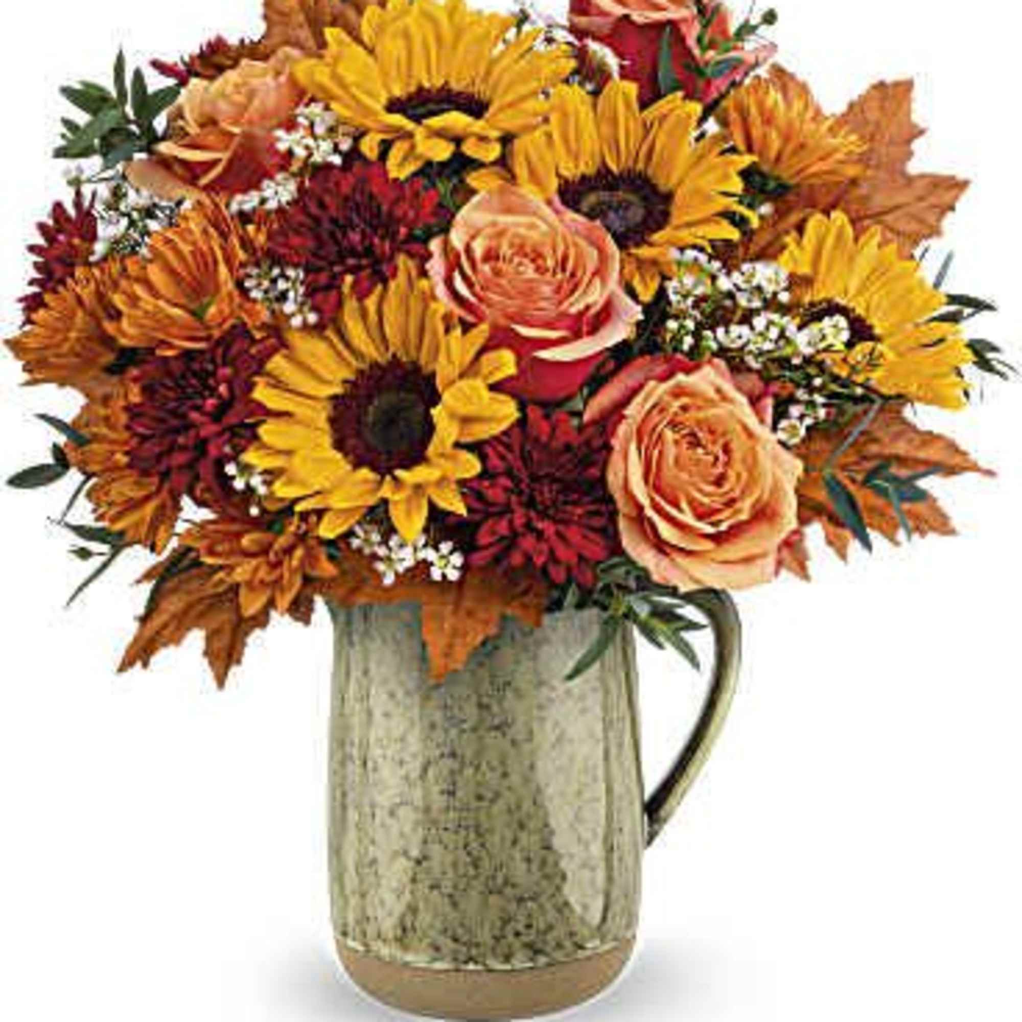 Like the autumn sun's warmth, this delightful sunflower bouquet is elegantly showcased