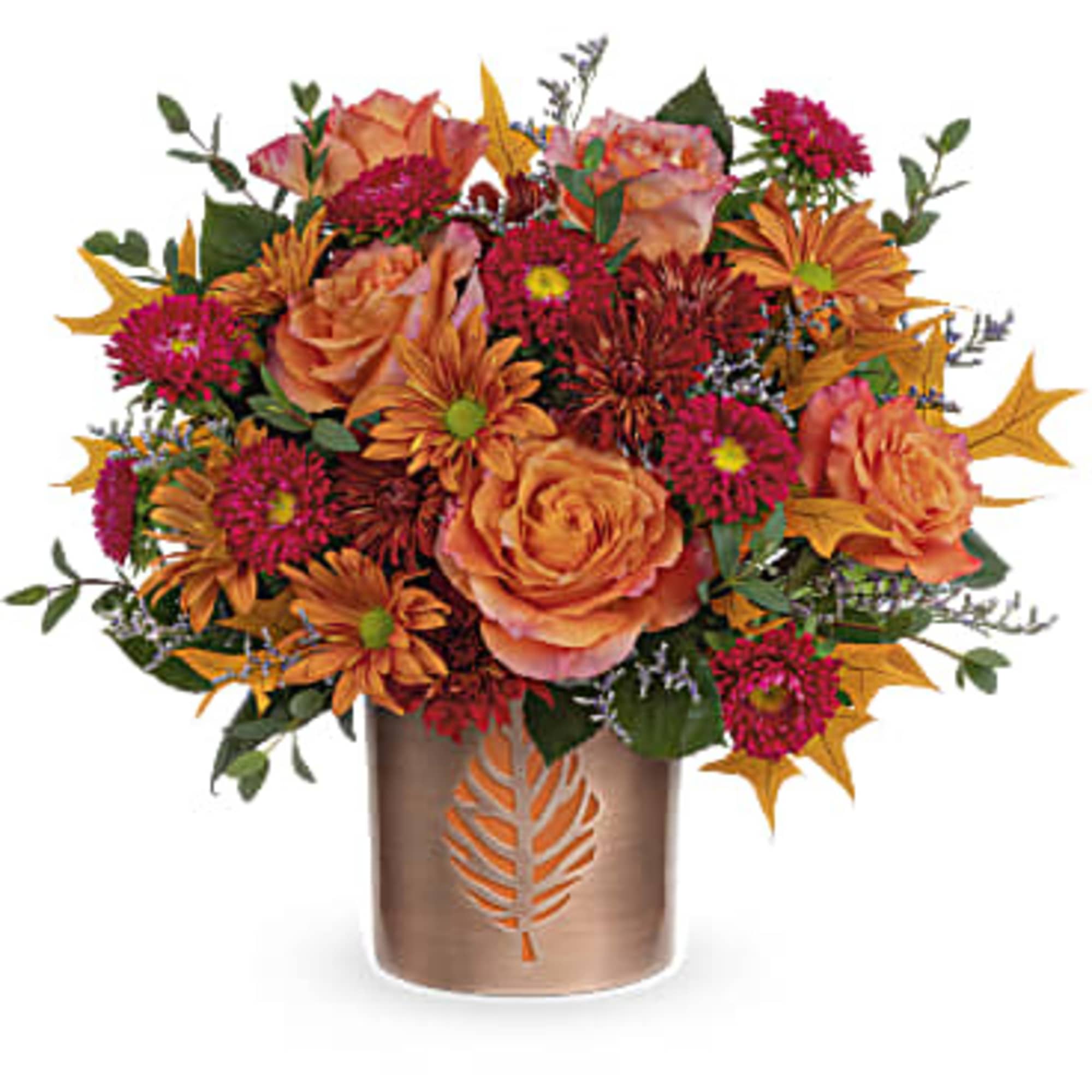 Nothing says fall like radiant orange roses and leaves in Teleflora's Leaves