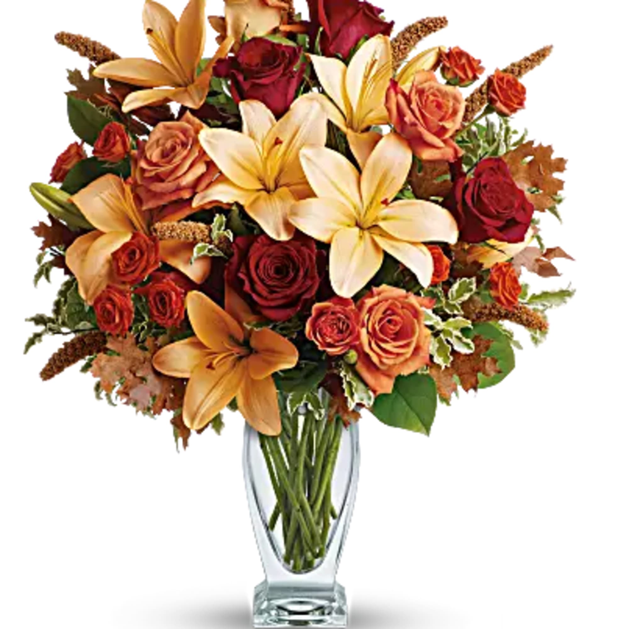 Roses, lilies and oak leaves create a fantasy of fall flowers. Send, photo 3 of 3