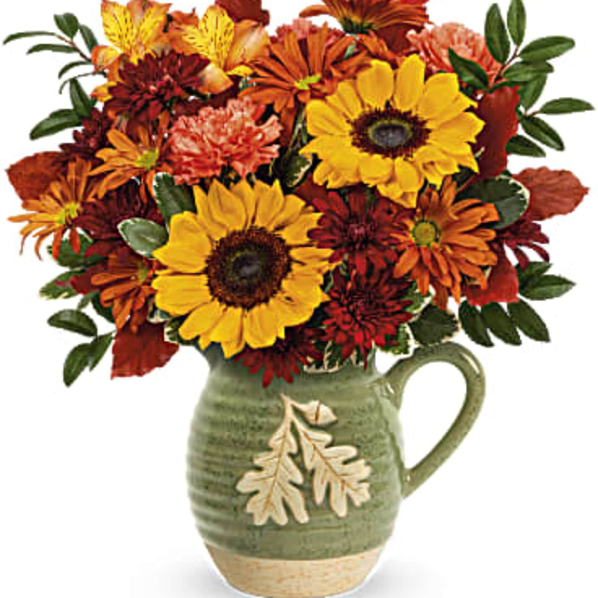 Autumn Acorn Bouquet is bursting with fall flowers like sunflowers, carnations, and